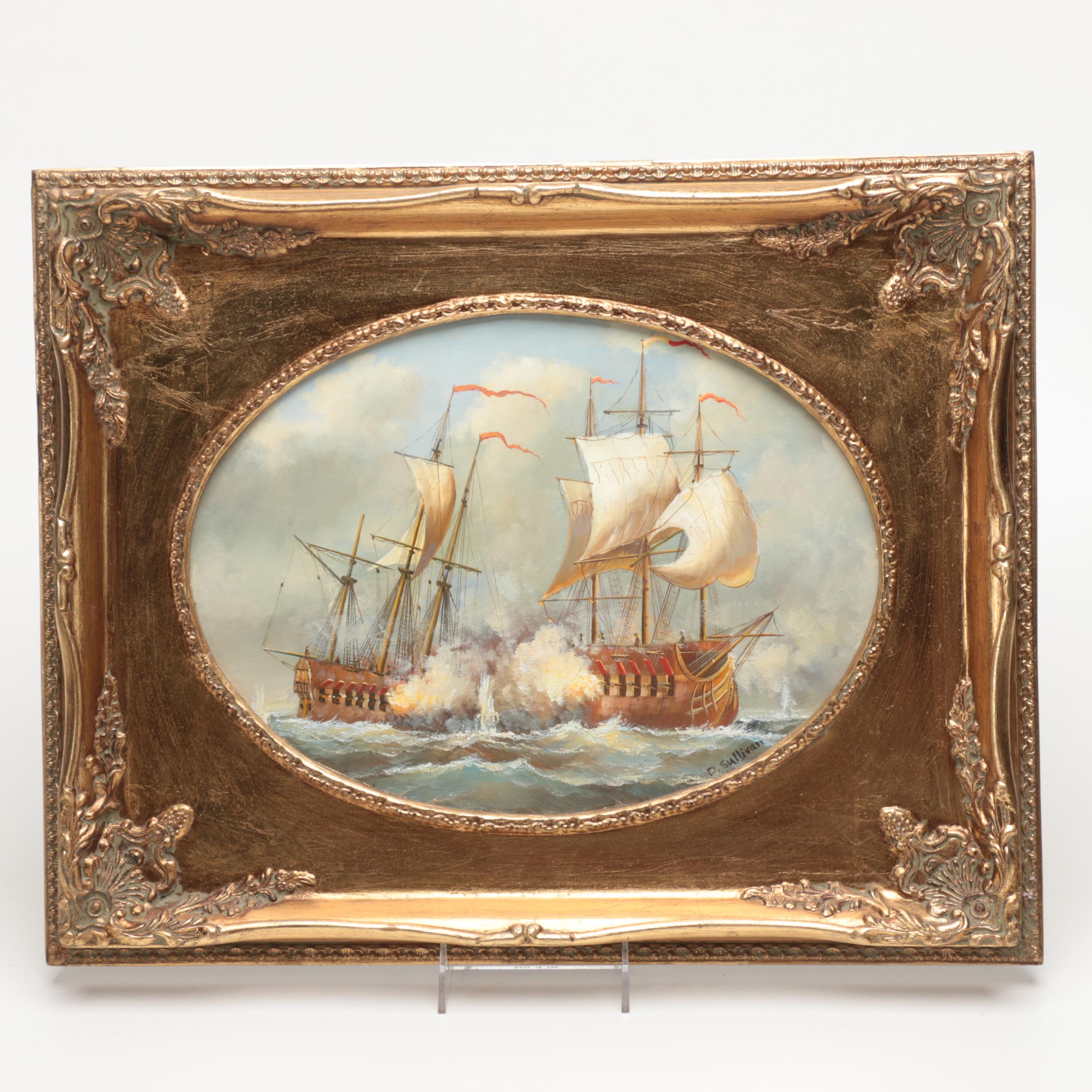 D. Sullivan Oil Painting on Canvas of Battling Ships
