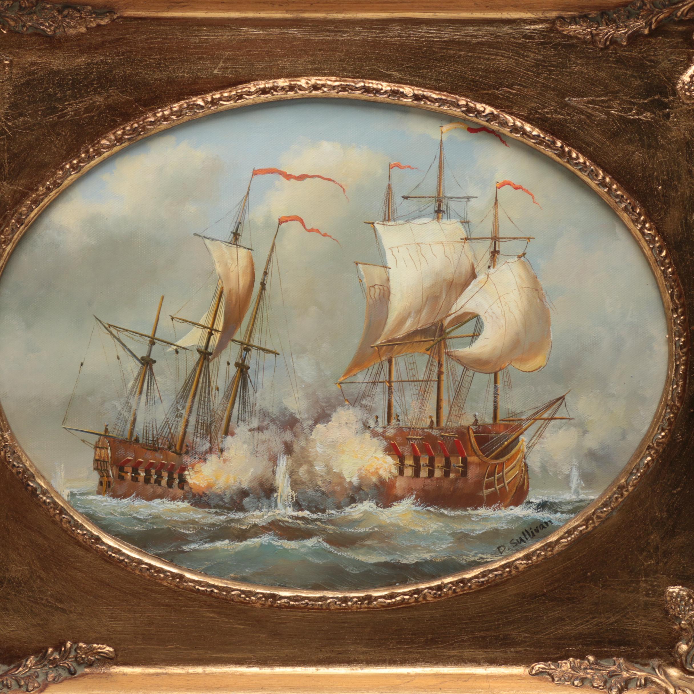 D. Sullivan Oil Painting on Canvas of Battling Ships