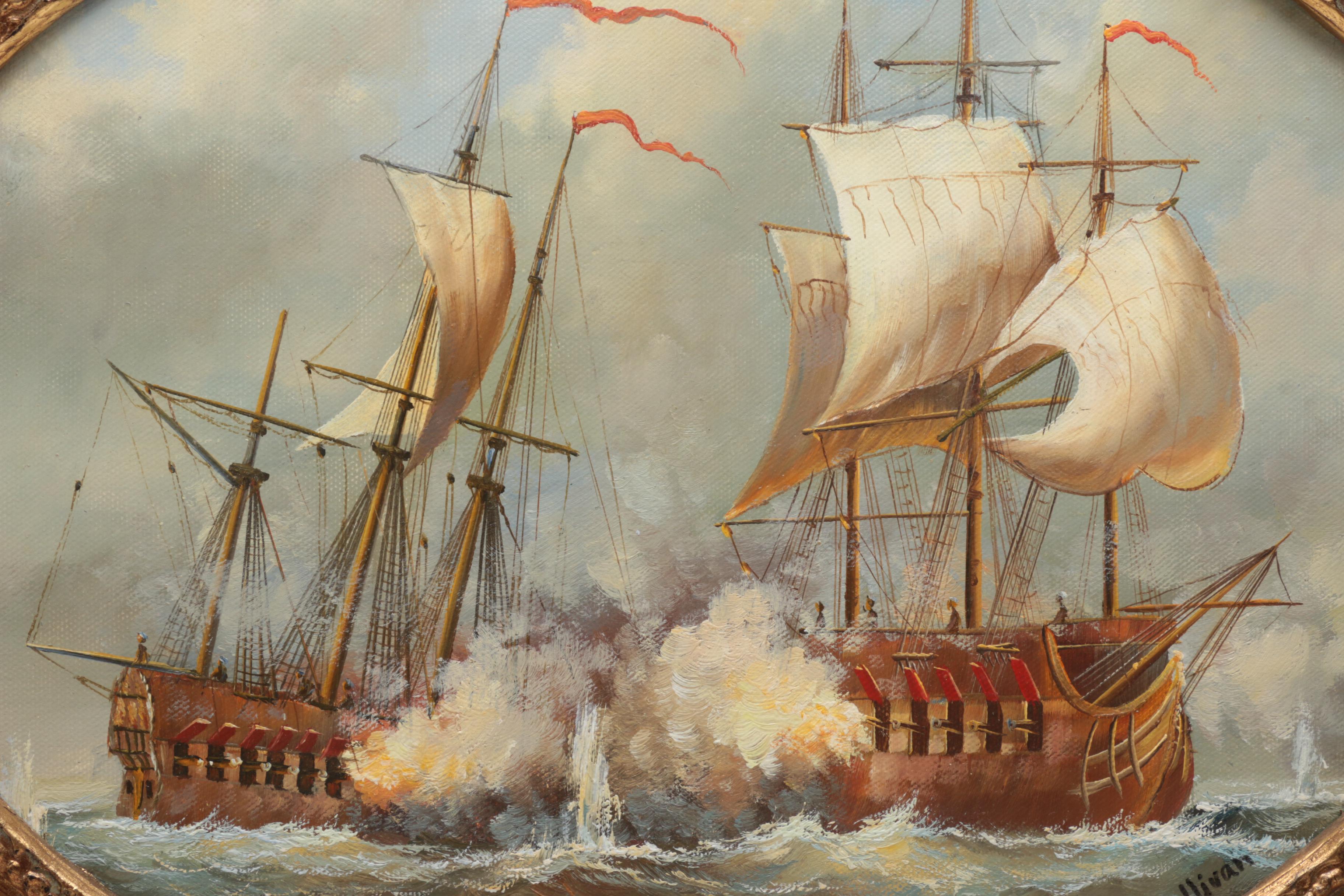 D. Sullivan Oil Painting on Canvas of Battling Ships
