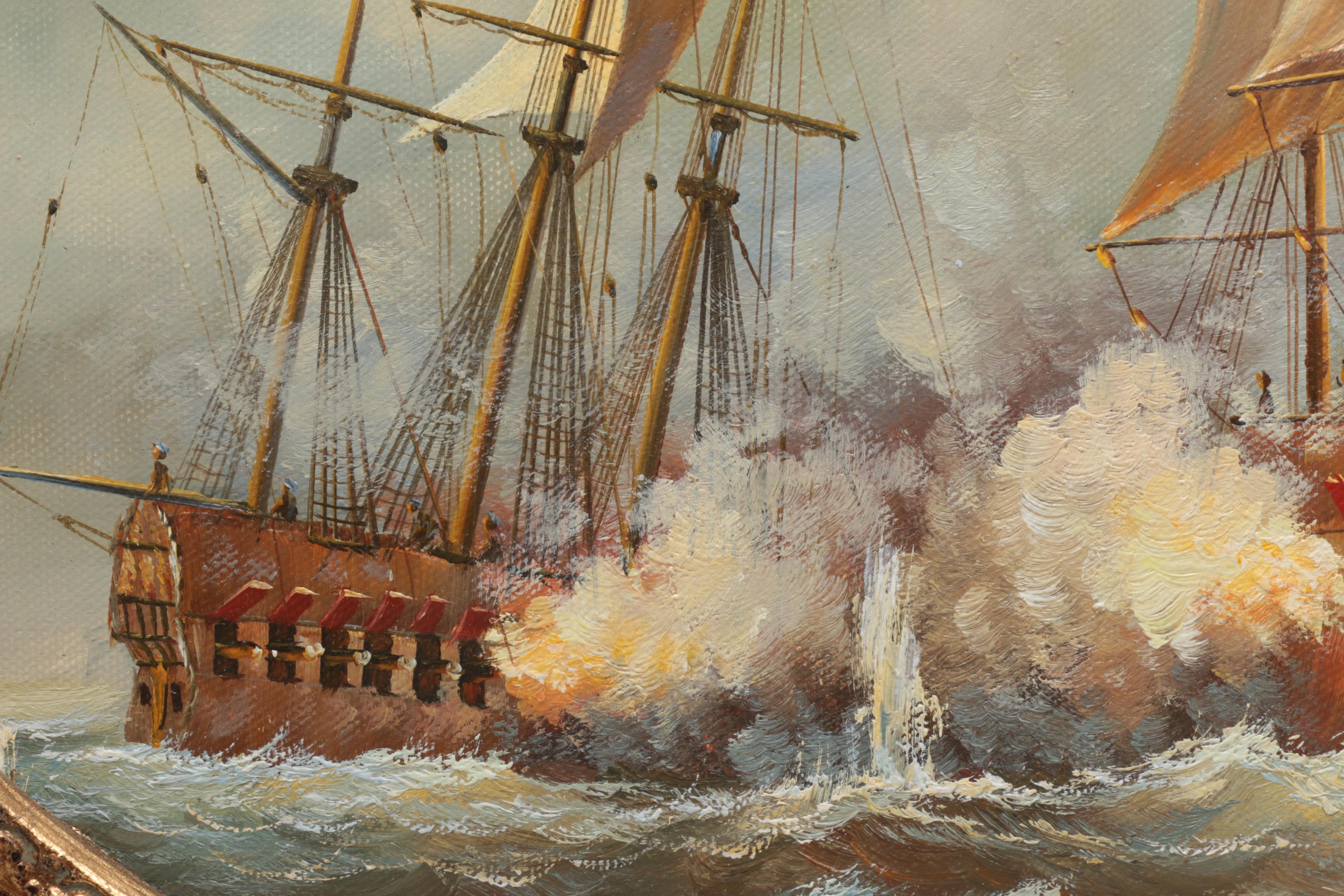 D. Sullivan Oil Painting on Canvas of Battling Ships