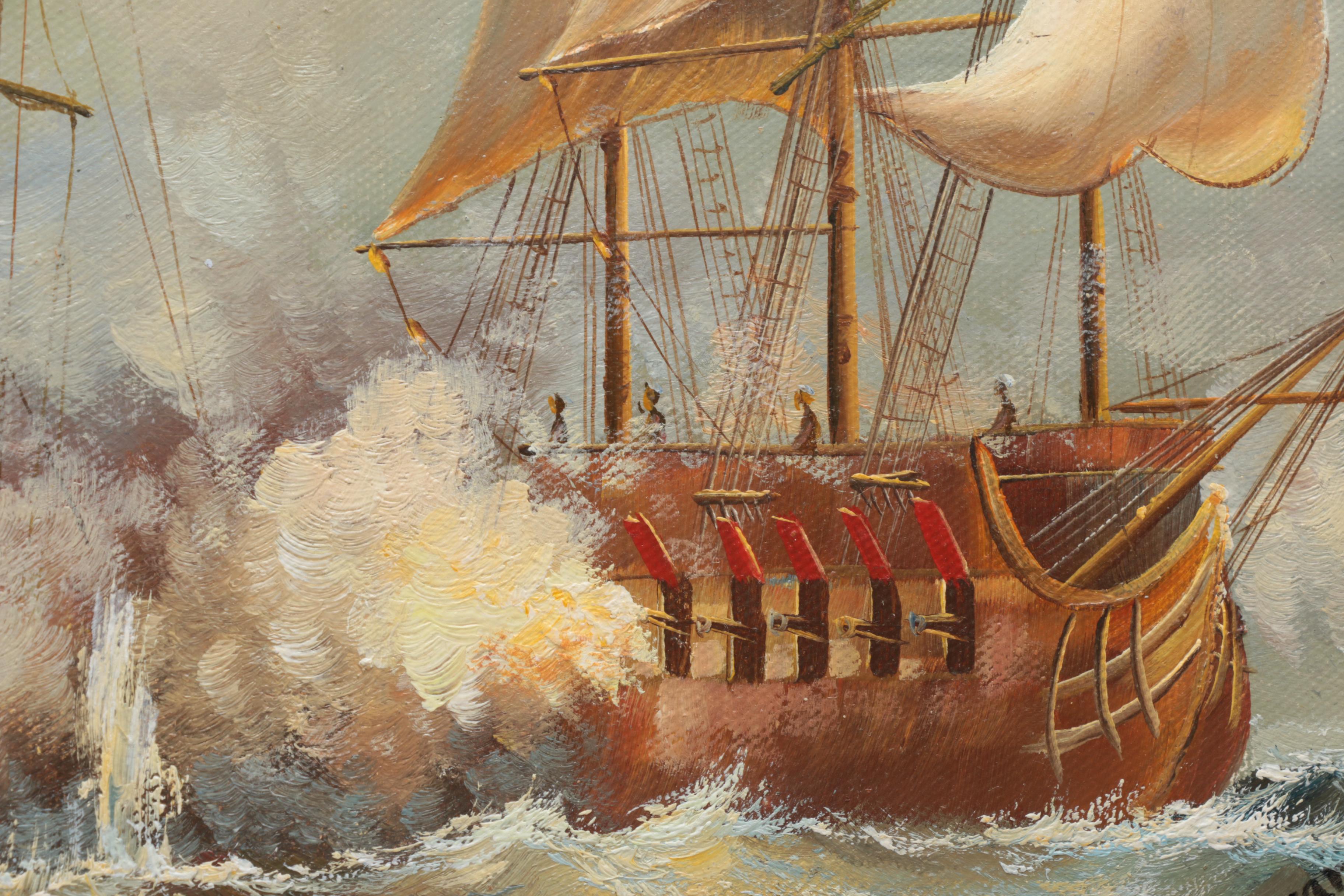 D. Sullivan Oil Painting on Canvas of Battling Ships