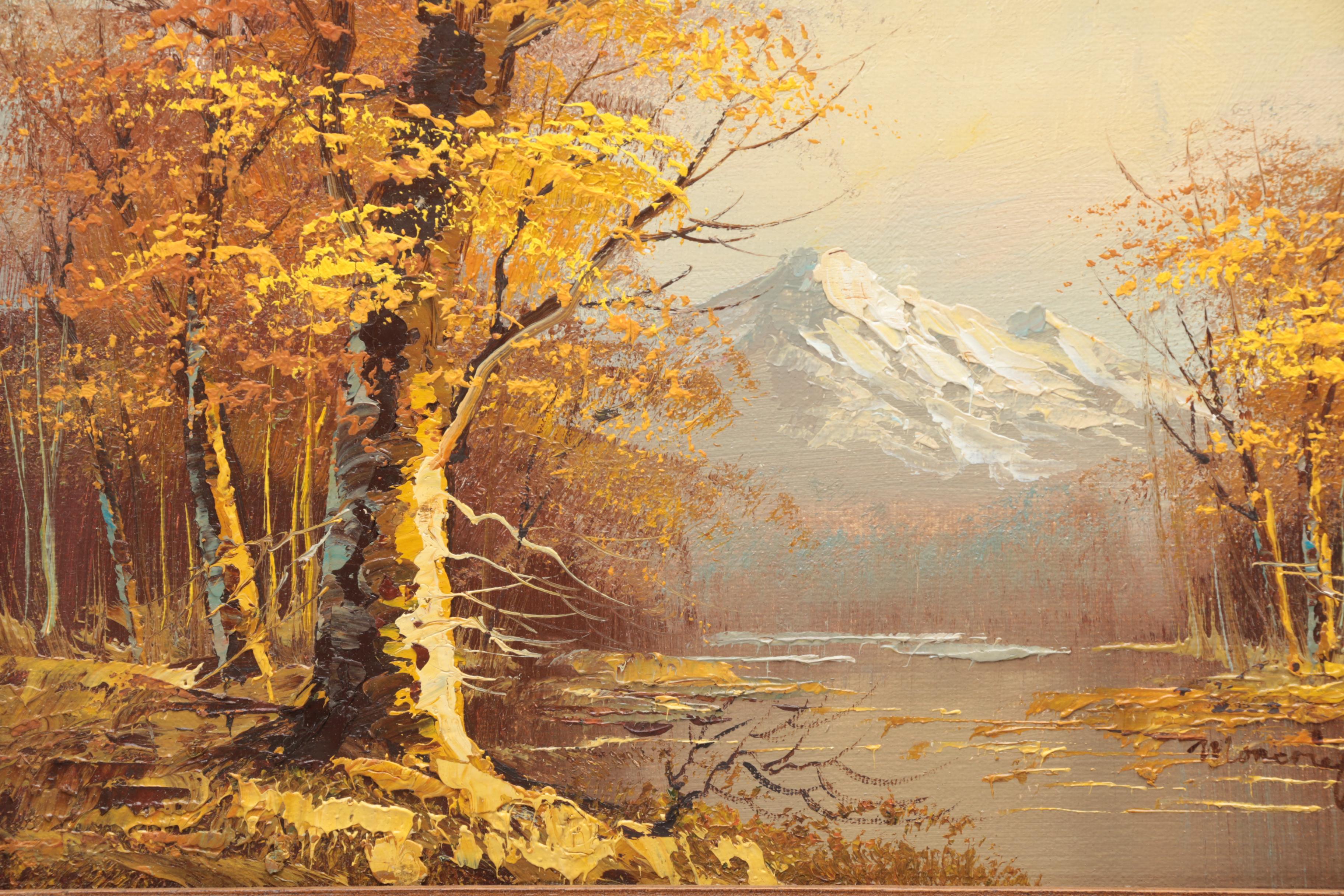 Mary Jane Moncrief Oil Painting on Canvas of a River Through an Autumn Landscape