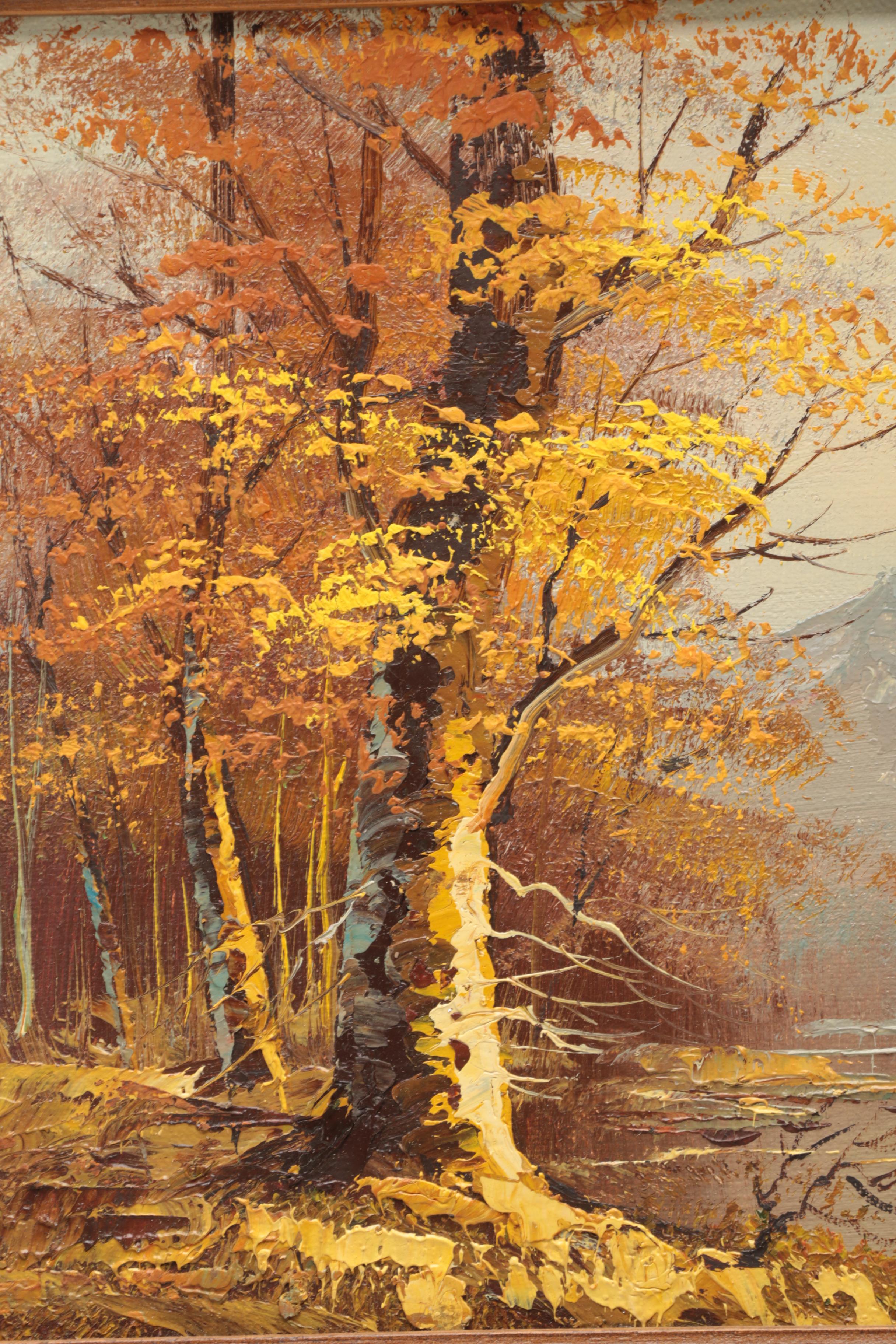 Mary Jane Moncrief Oil Painting on Canvas of a River Through an Autumn Landscape