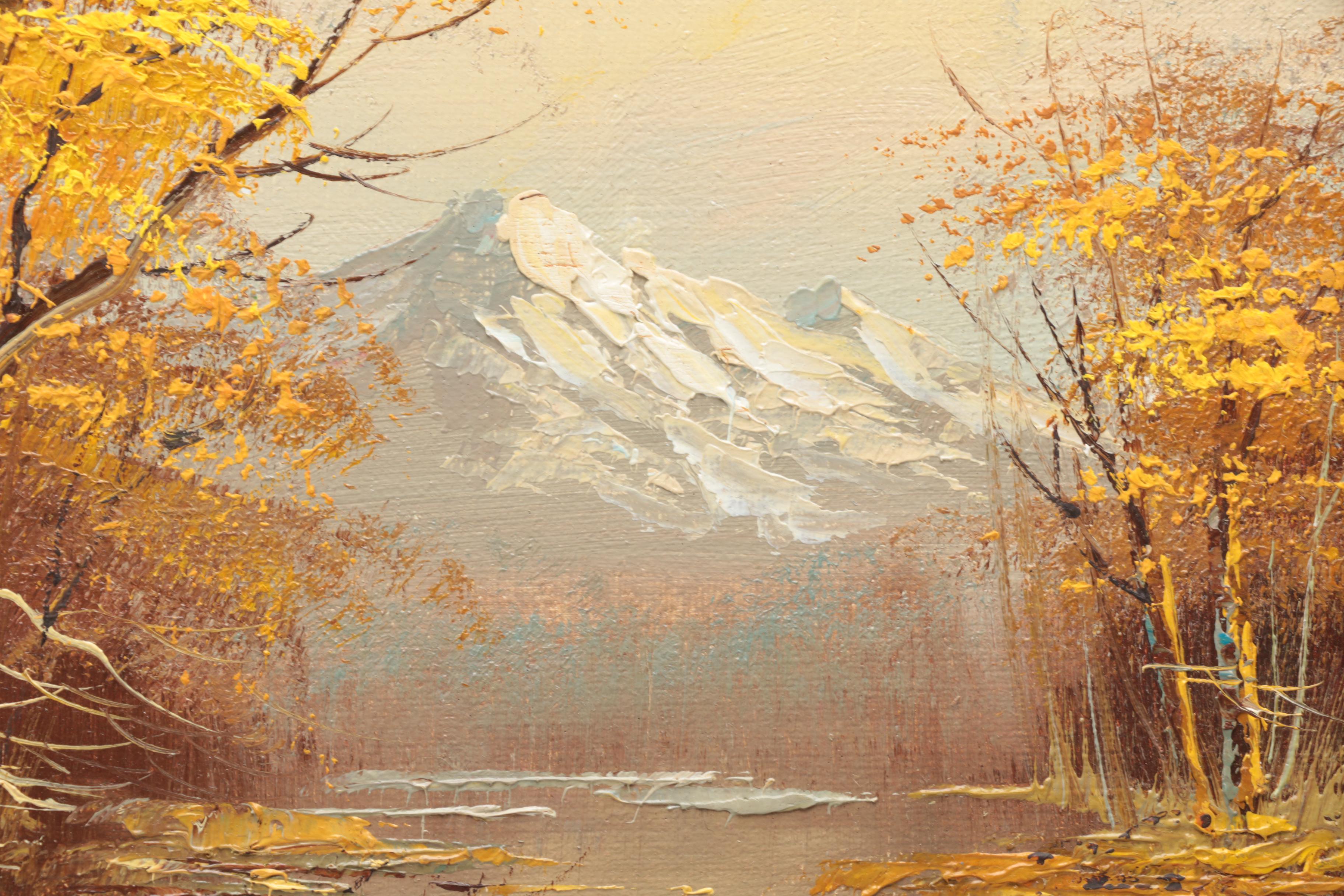 Mary Jane Moncrief Oil Painting on Canvas of a River Through an Autumn Landscape