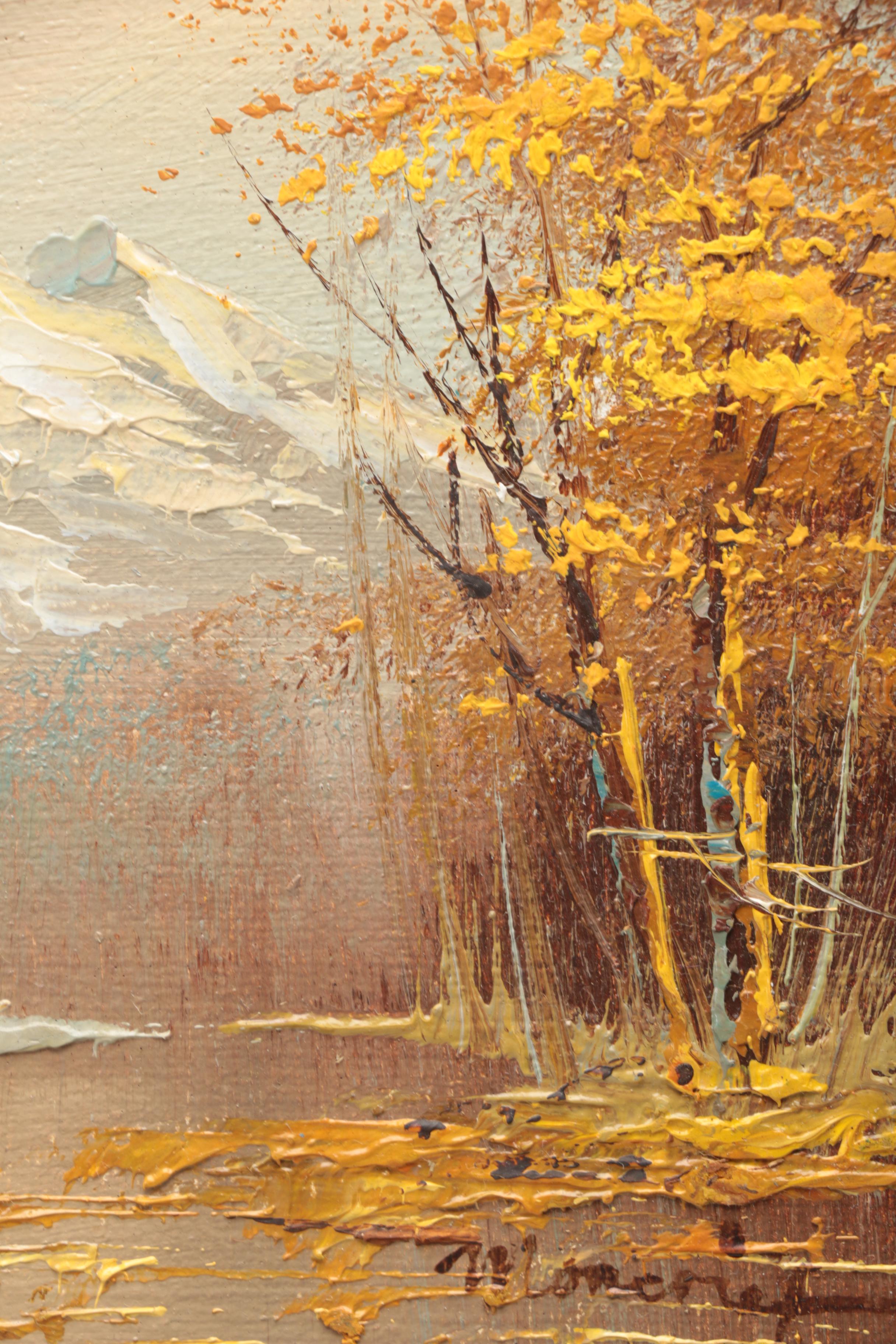 Mary Jane Moncrief Oil Painting on Canvas of a River Through an Autumn Landscape