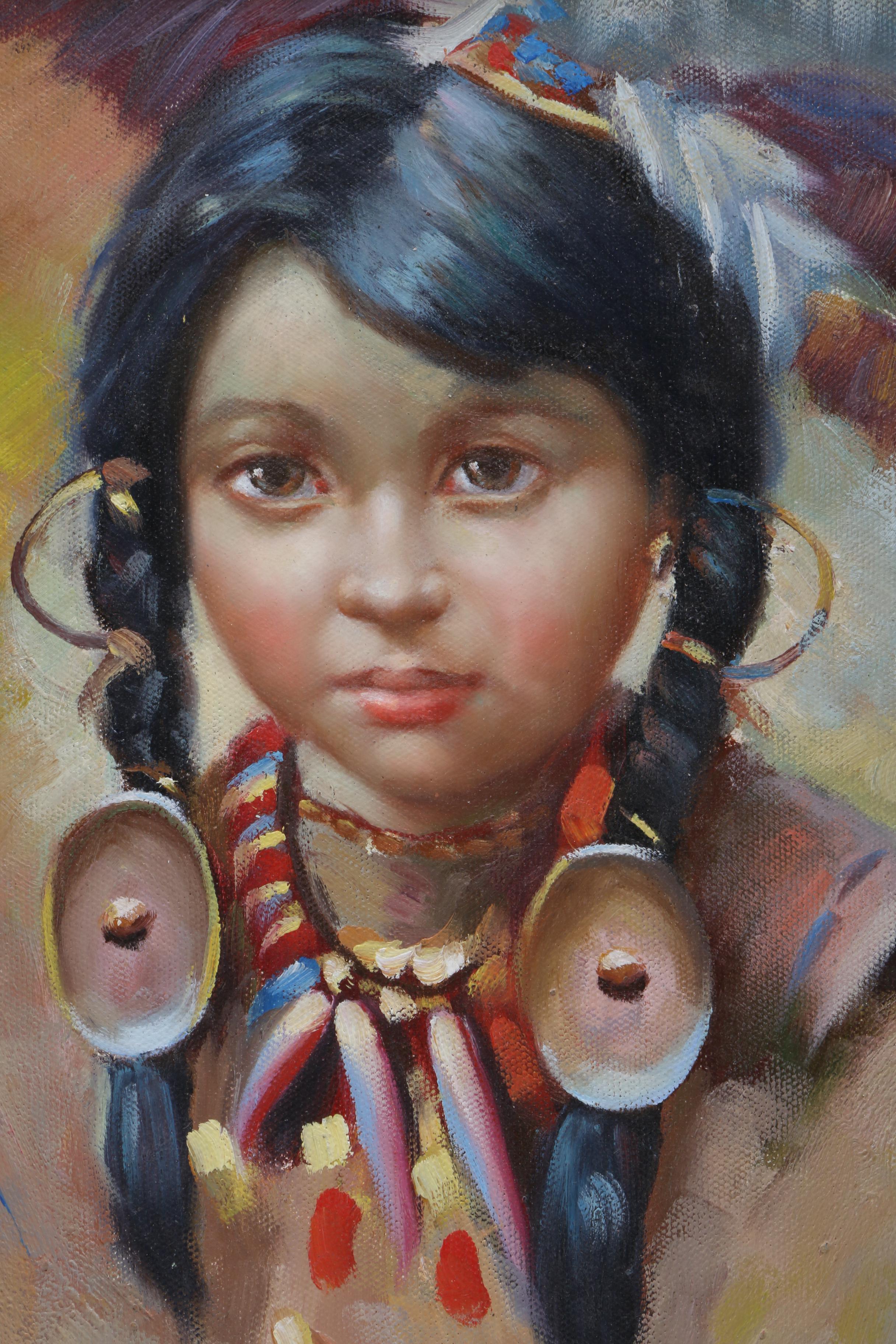 S. Esposito Oil on Canvas Portrait of Native American Girl