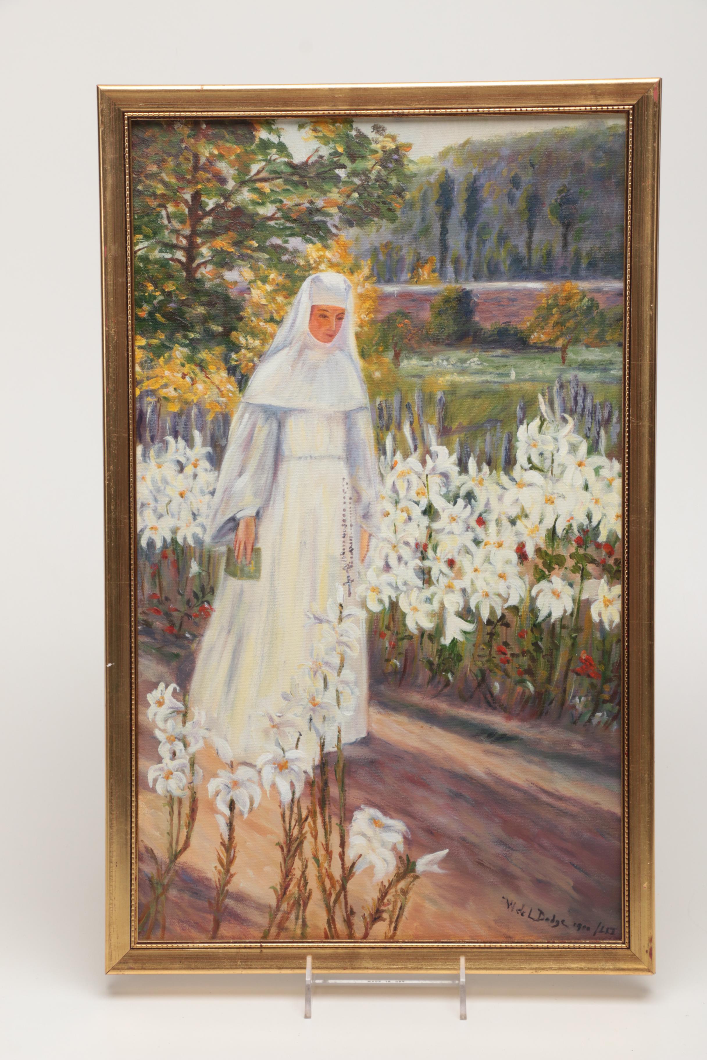 1982 Leonida Ivanetich Acrylic on Canvas Copy Painting After William De Leftwich Dodge's "The Novice"