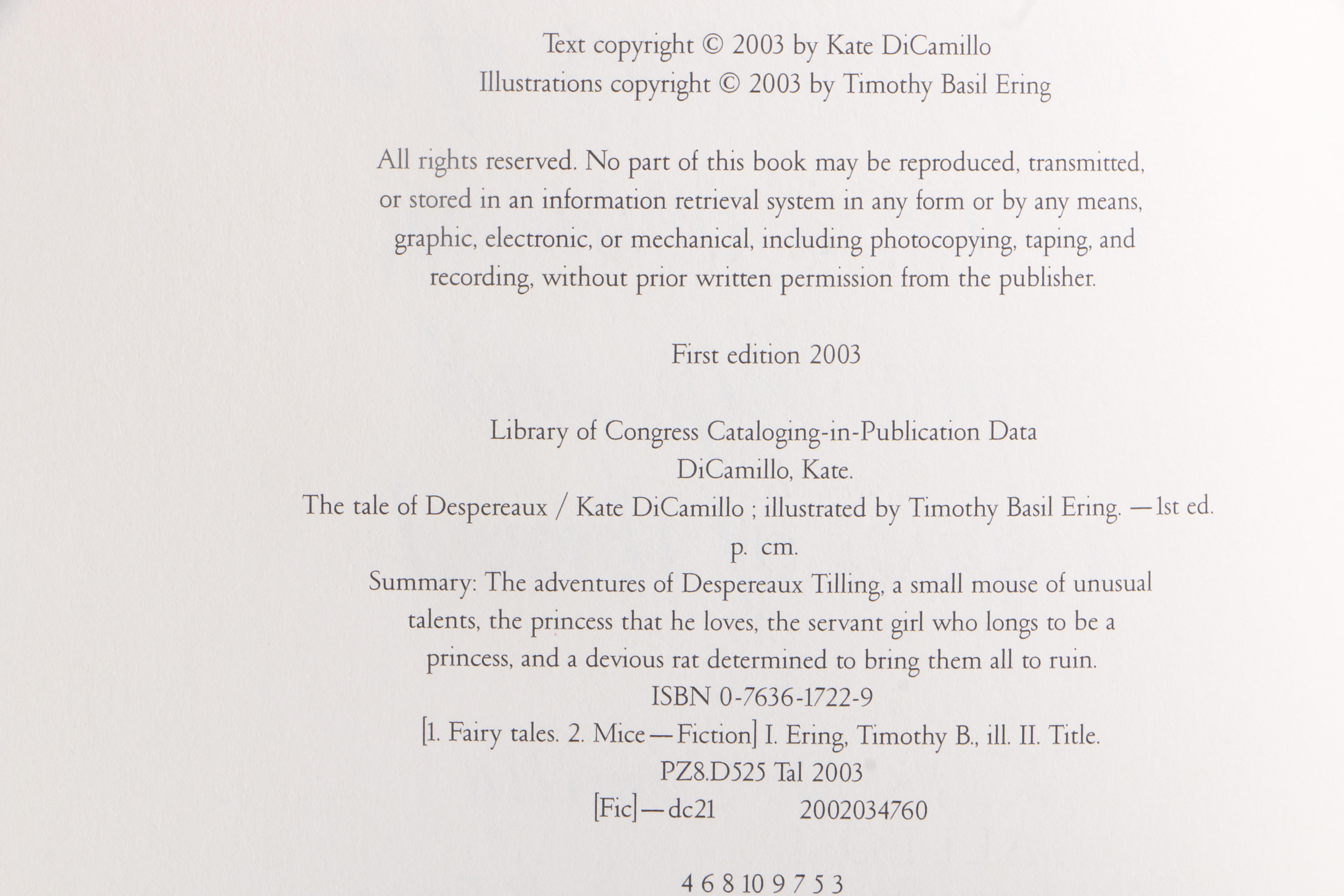 Signed First Edition, Third Printing "The Tale of Despereaux" by Kate DiCamillo