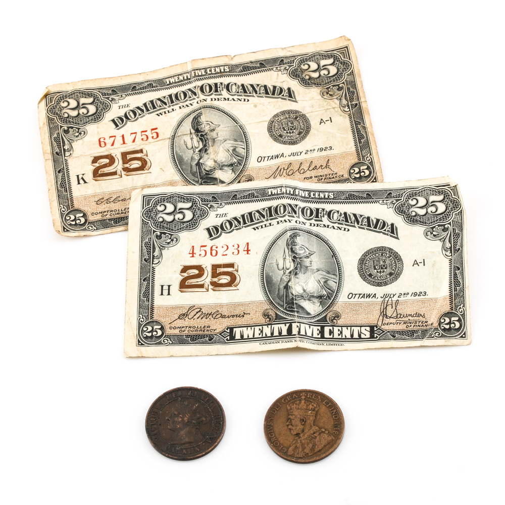 Group of Vintage Canadian Coins and Currency
