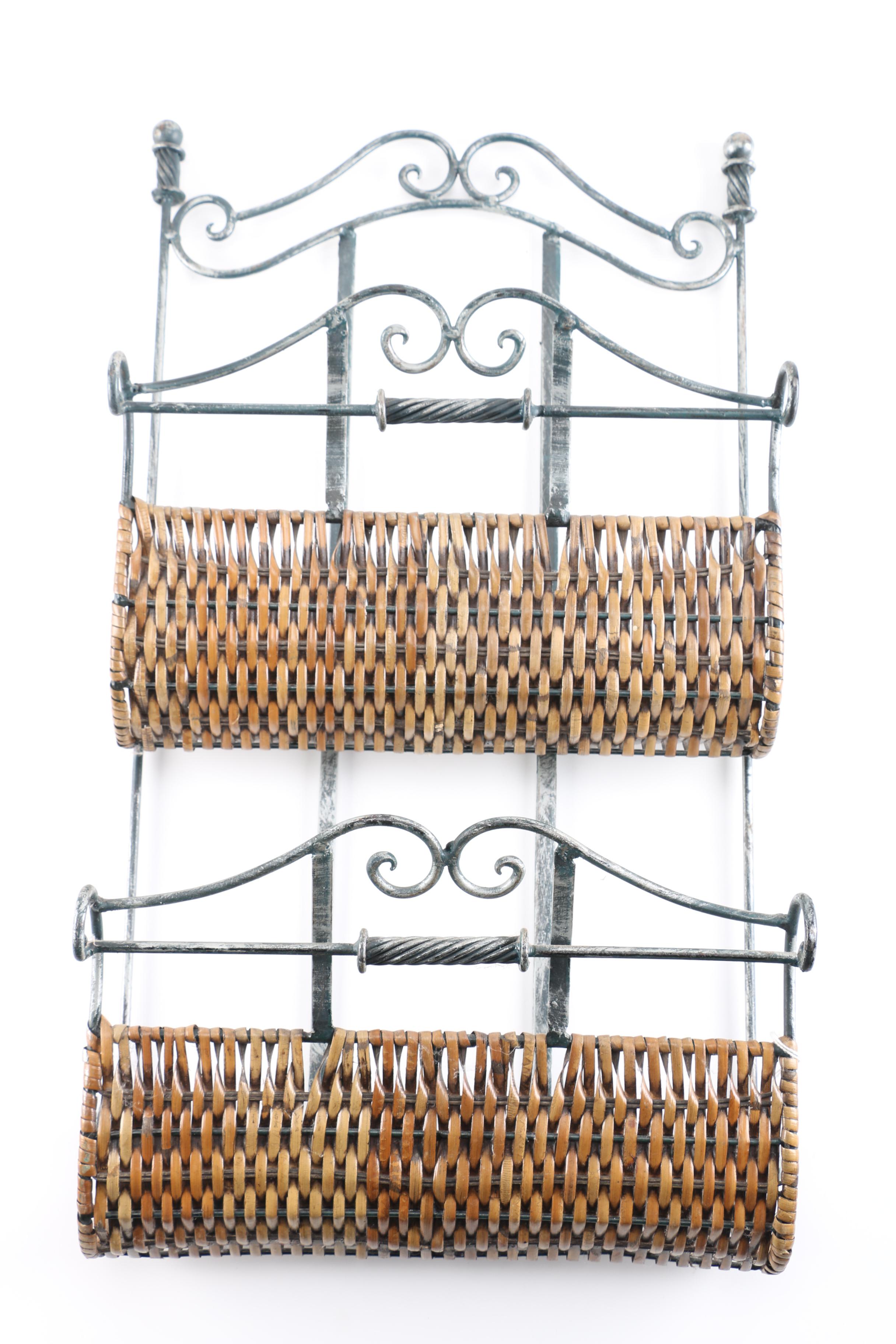 Scrolled Metal and Wicker Magazine Rack