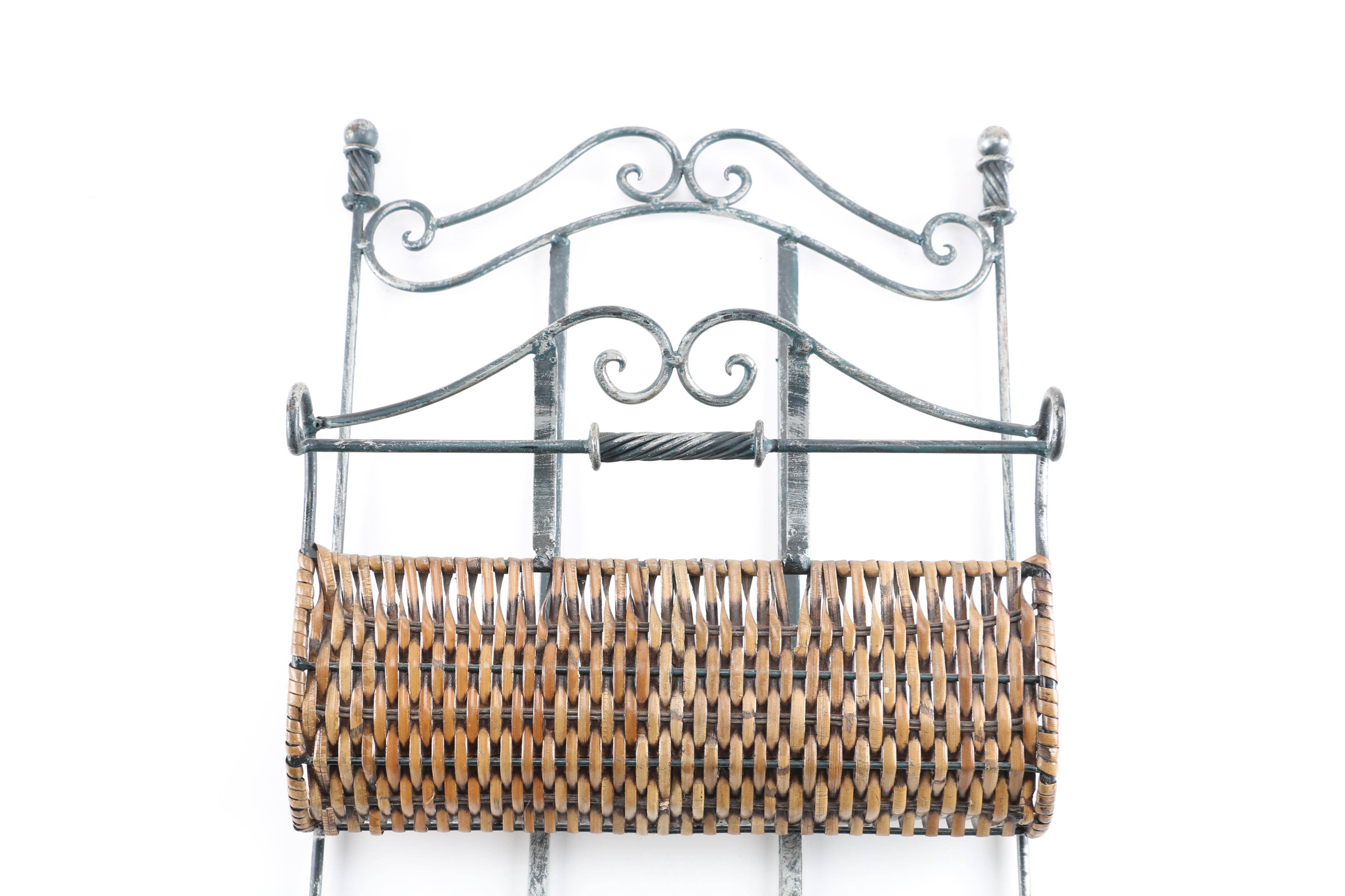 Scrolled Metal and Wicker Magazine Rack
