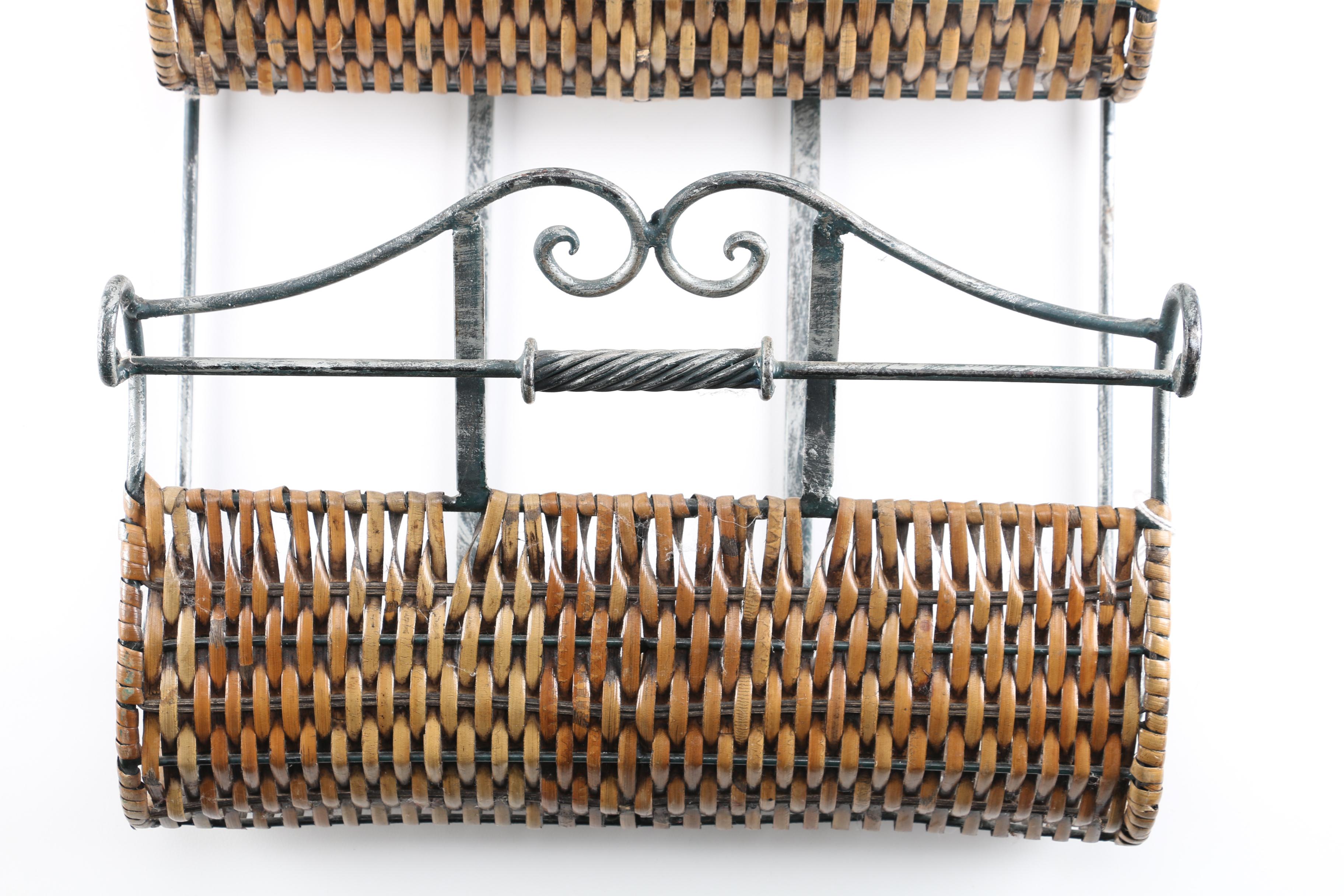 Scrolled Metal and Wicker Magazine Rack