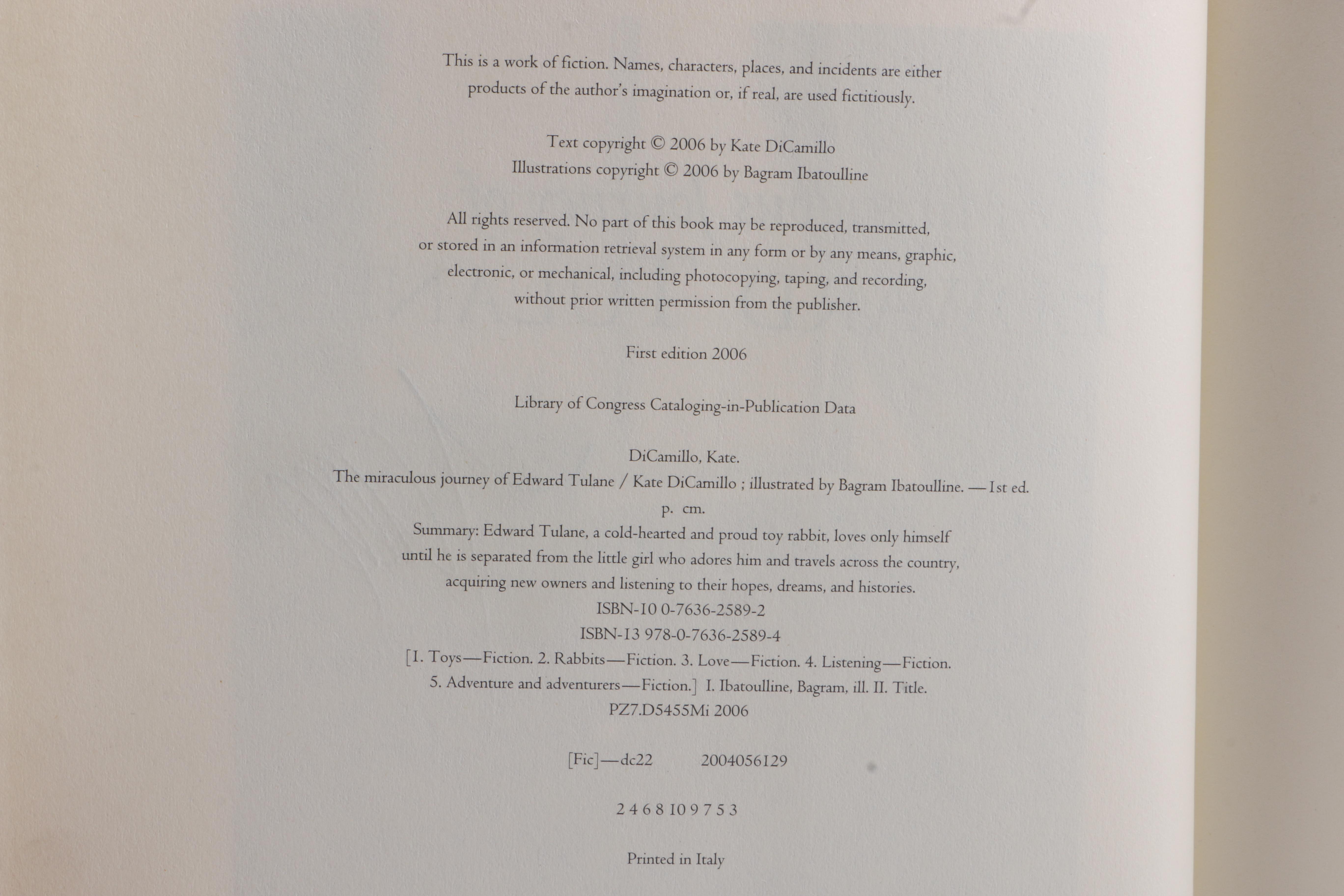 Signed Second Printing "The Miraculous Journey of Edward Tulane" by Kate DiCamillo