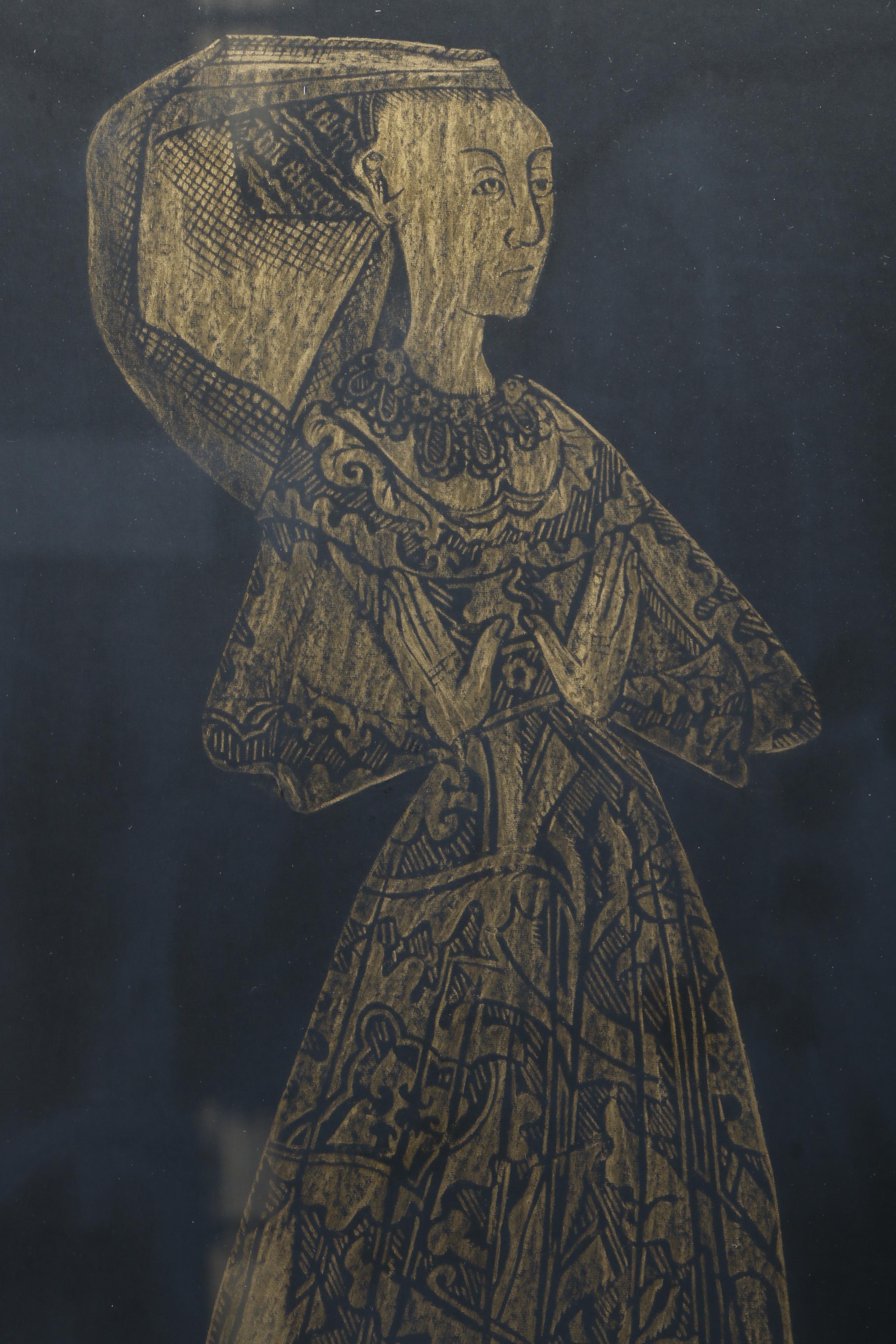 Brass-tone Rubbing on Black Paper "Lace Lady"
