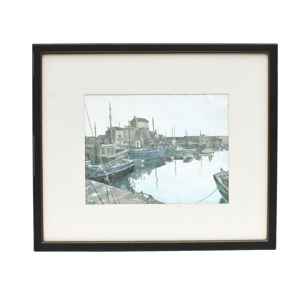 Glazed Lithograph After Vernon Ward's "Mevagissey Harbour."