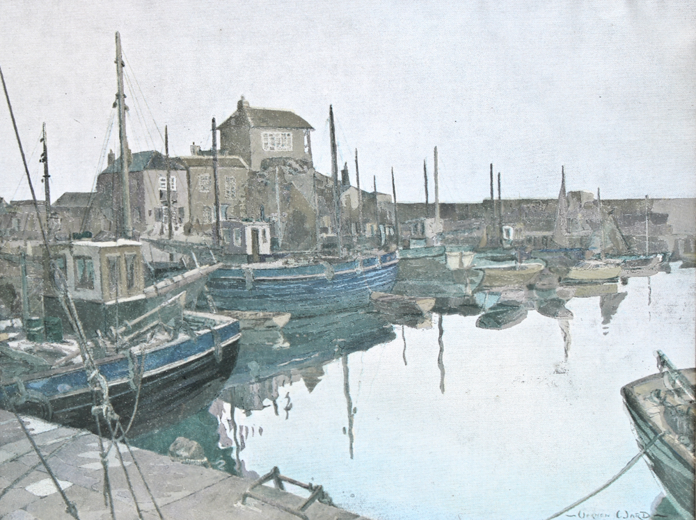 Glazed Lithograph After Vernon Ward's "Mevagissey Harbour."
