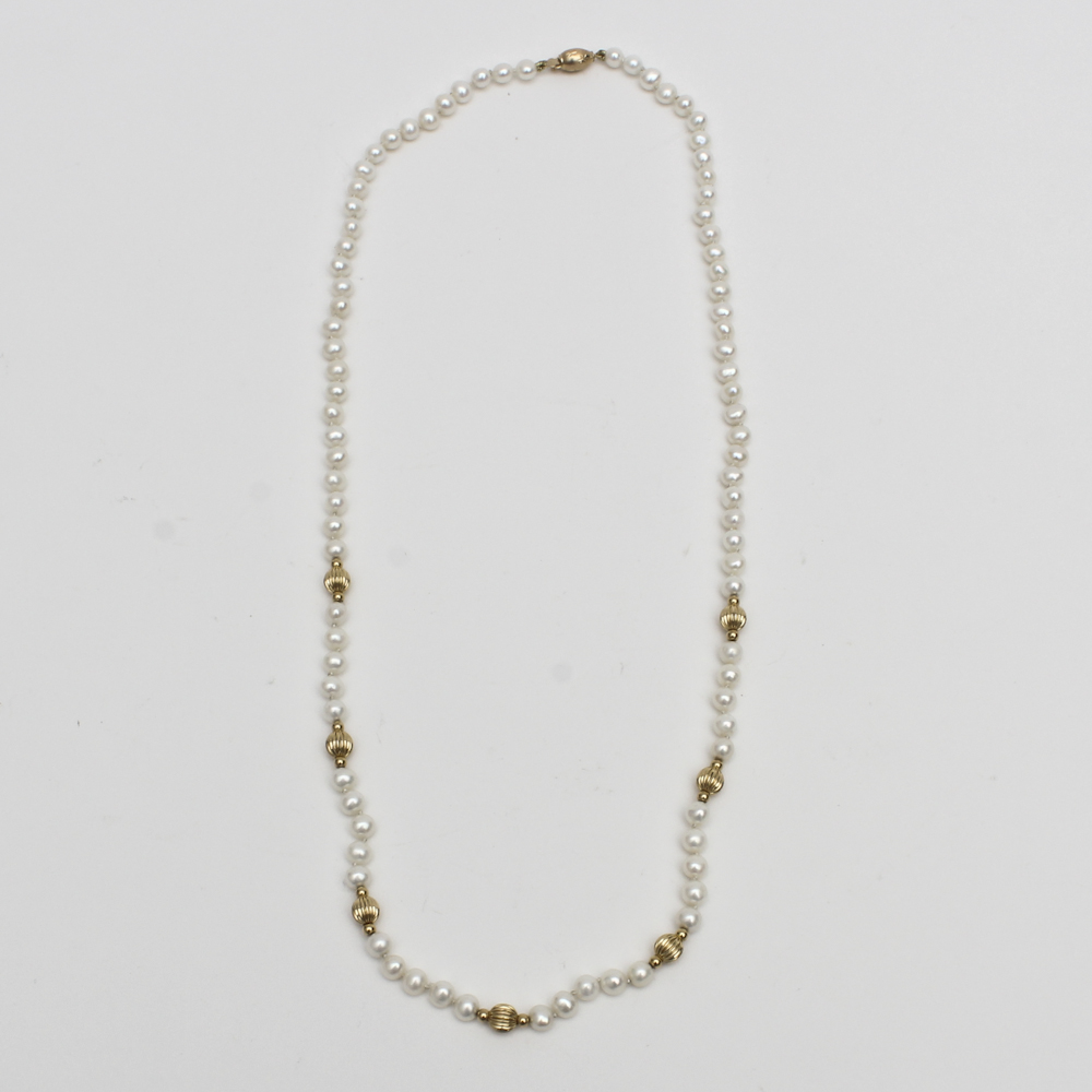 Freshwater Pearl and 14 Karat Yellow Gold Bead Necklace