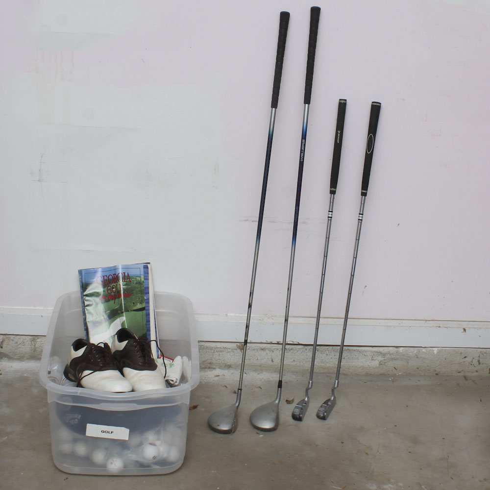 Assortment of Golf Clubs and Accessories