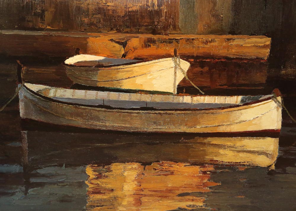 After Poch Romeu Offset Lithograph on Canvas "Barcas al Atardecer"