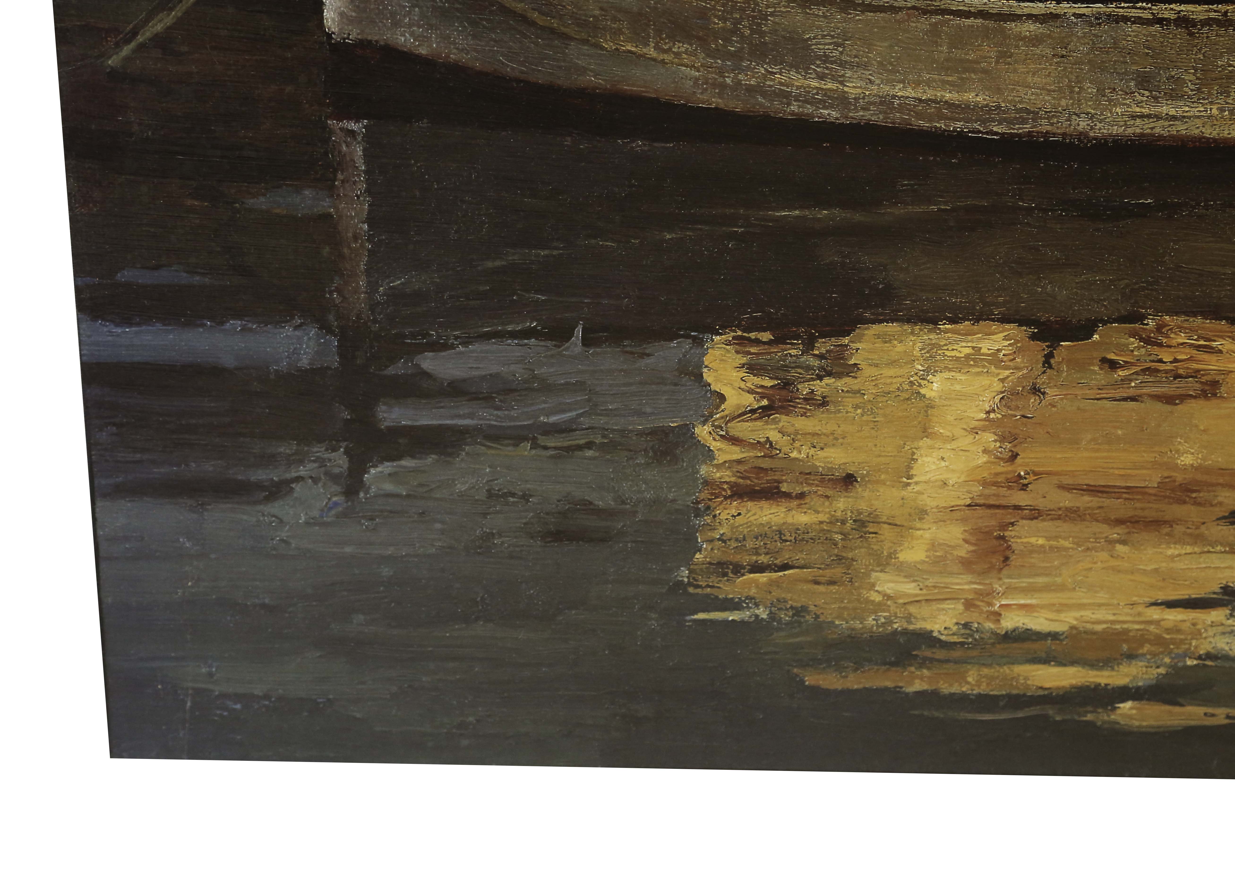 After Poch Romeu Offset Lithograph on Canvas "Barcas al Atardecer"