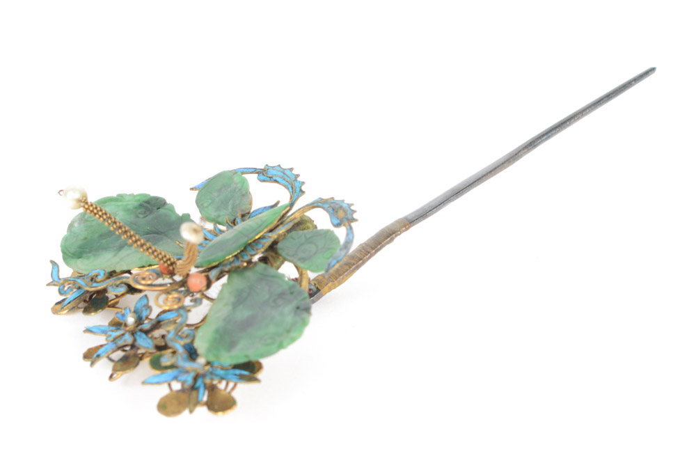 Late Qing Nephrite and Sterling Silver Butterfly Hairpin
