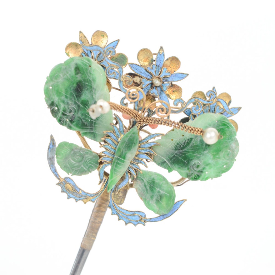 Late Qing Nephrite and Sterling Silver Butterfly Hairpin