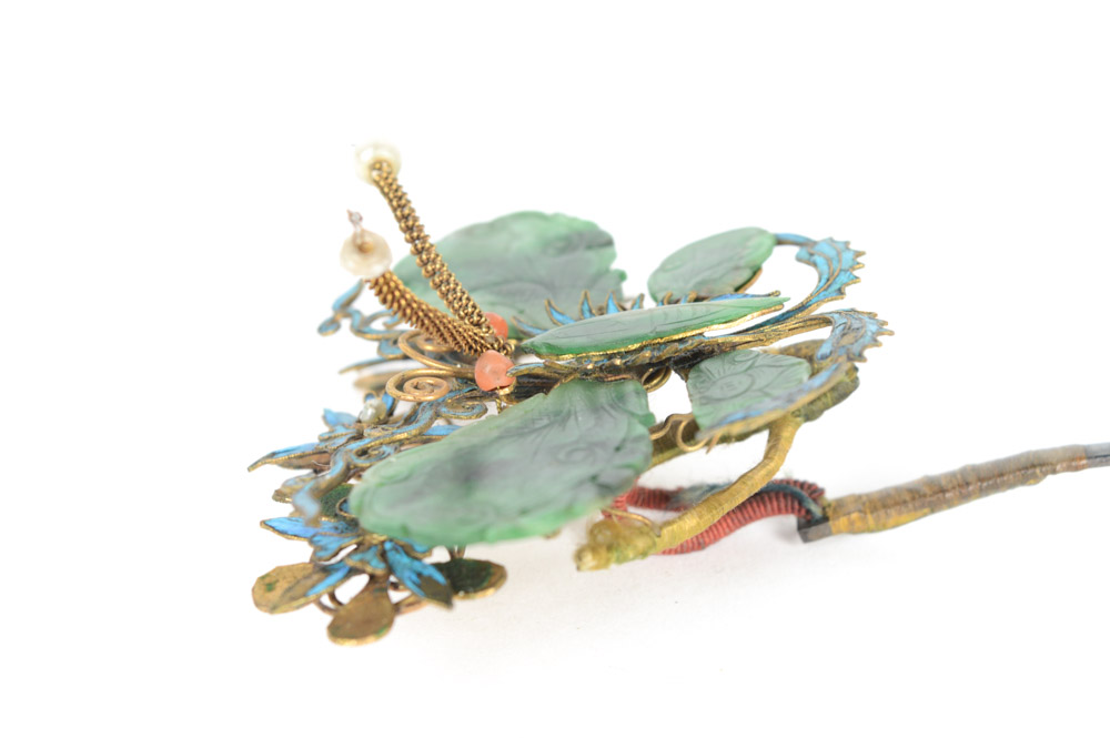 Late Qing Nephrite and Sterling Silver Butterfly Hairpin