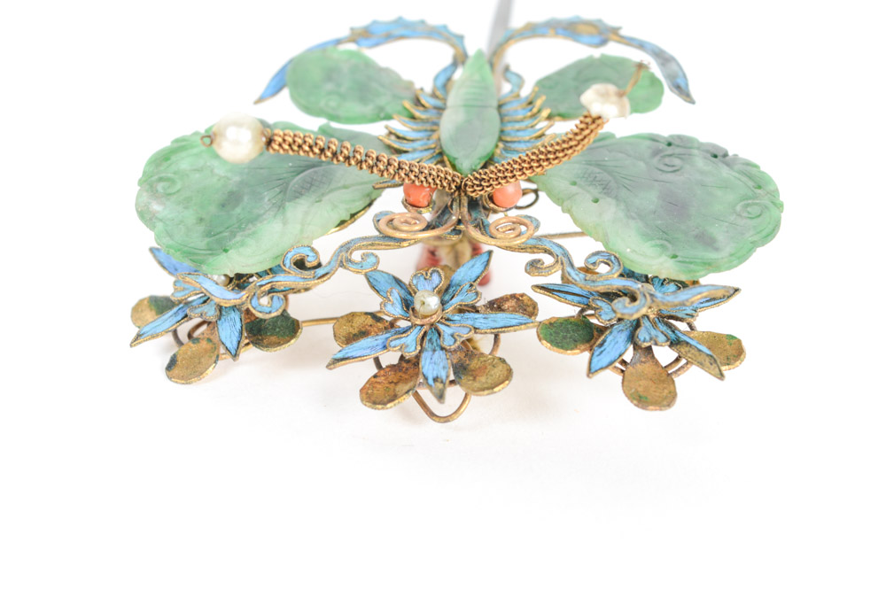 Late Qing Nephrite and Sterling Silver Butterfly Hairpin