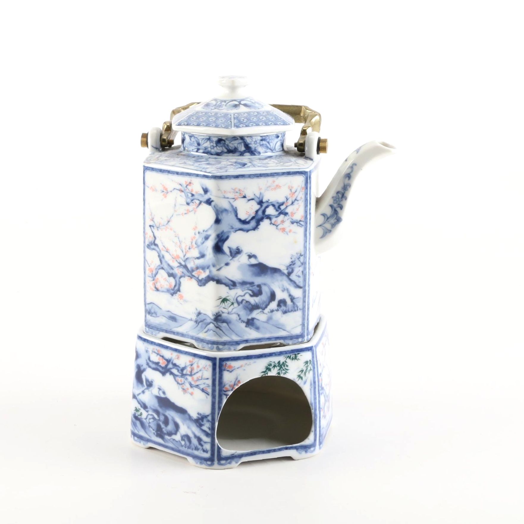 Japanese Blue and White Dolphin Porcelain Teapot with Warmer