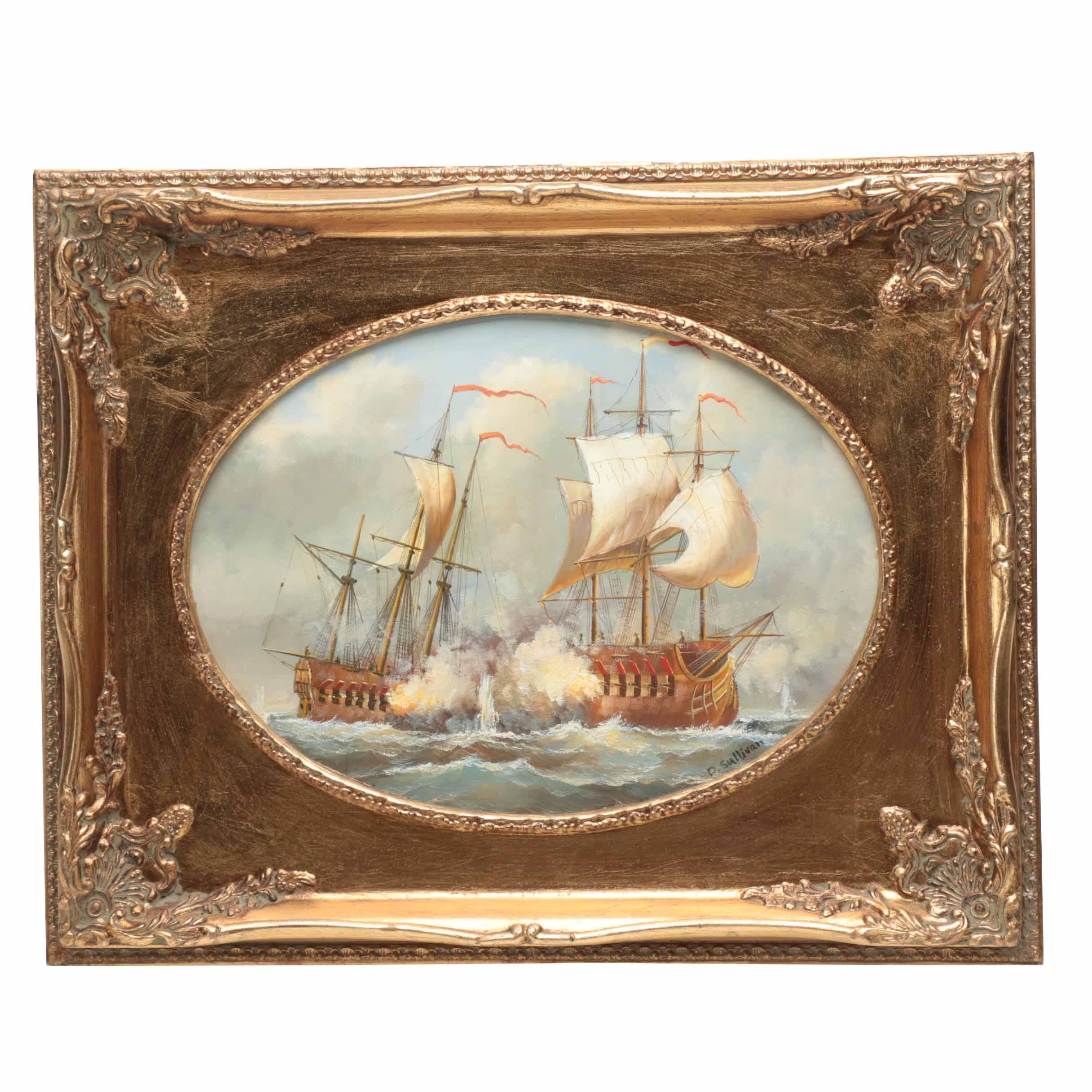 D. Sullivan Oil Painting on Canvas of Battling Ships