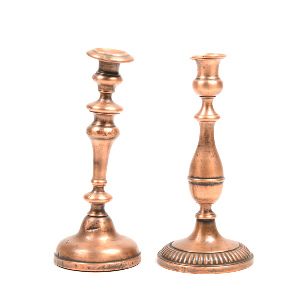 Two Antique Copper Candlesticks