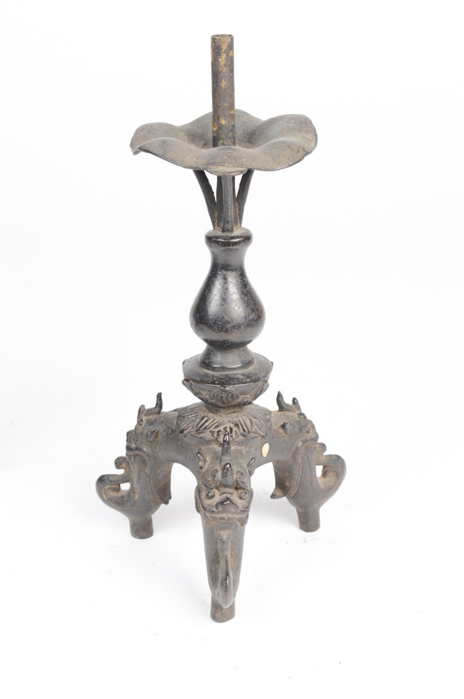 Pair of Antique Chinese Cast Metal Candlesticks