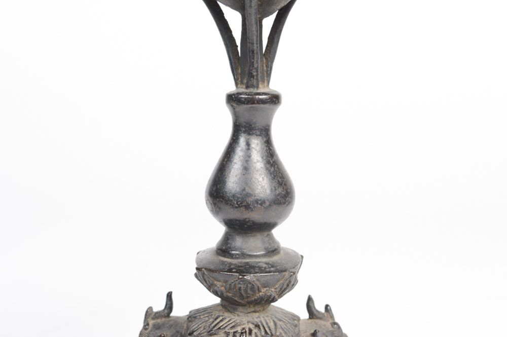 Pair of Antique Chinese Cast Metal Candlesticks