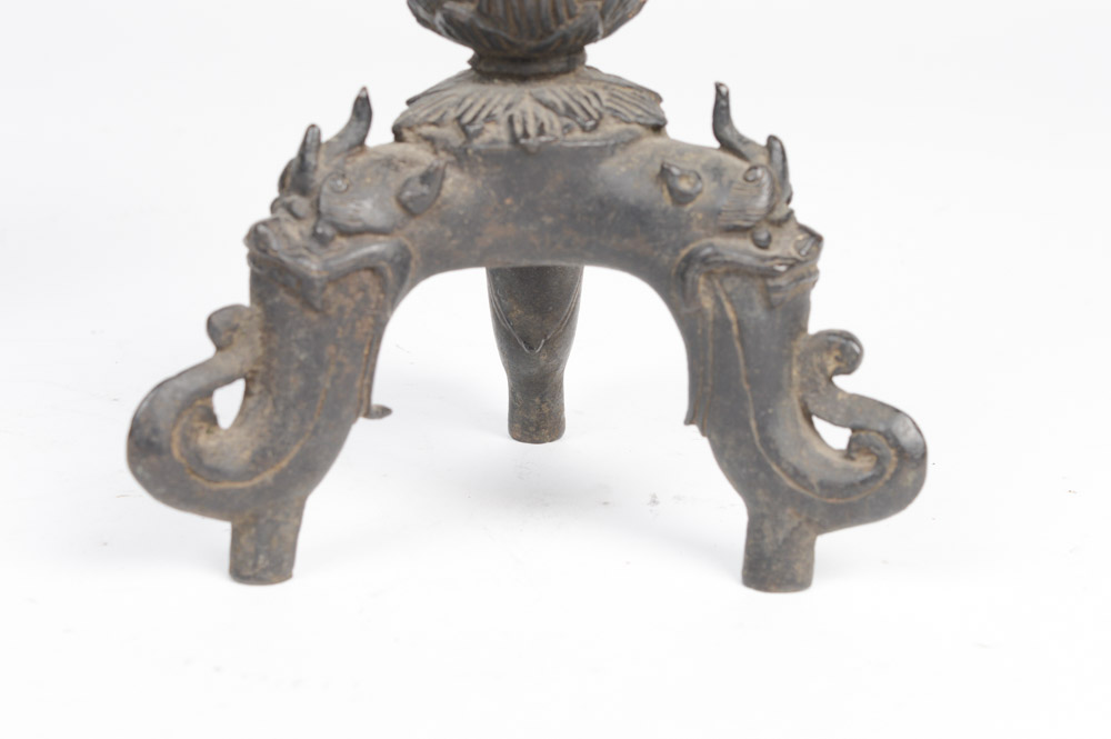 Pair of Antique Chinese Cast Metal Candlesticks