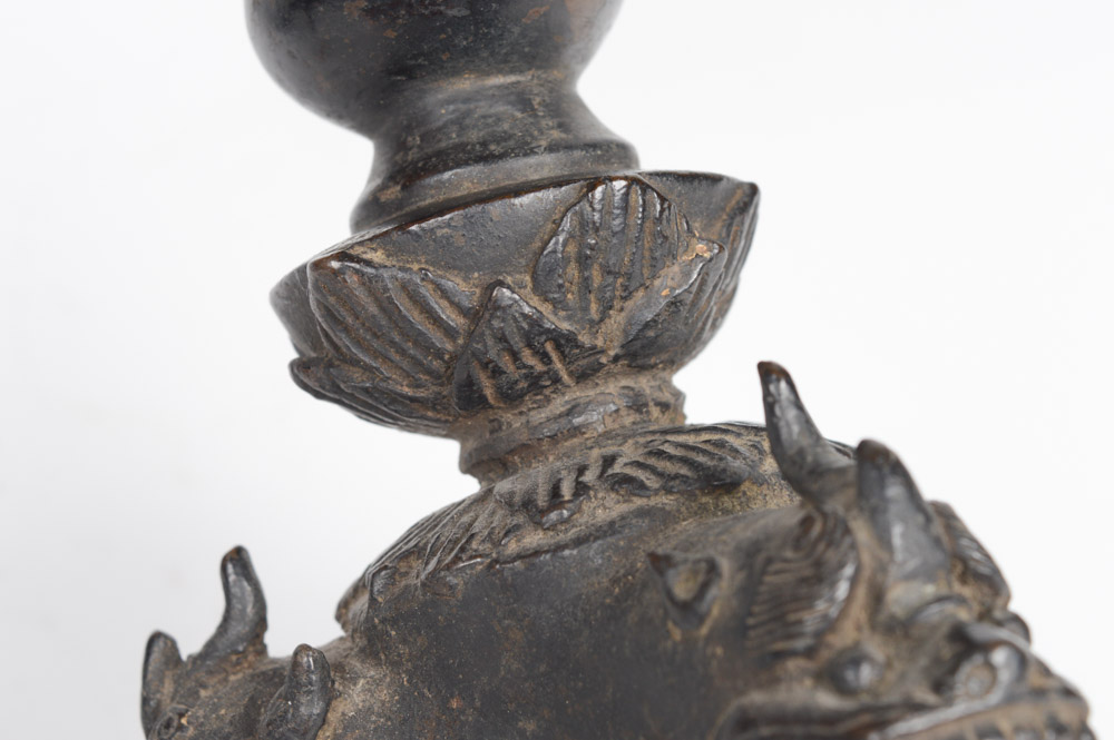 Pair of Antique Chinese Cast Metal Candlesticks