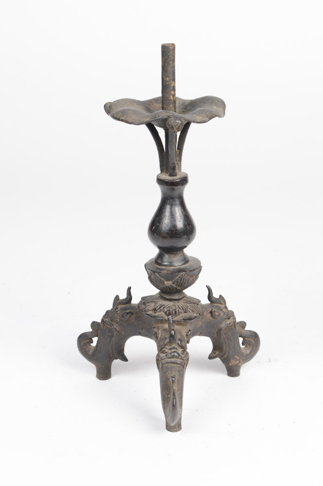 Pair of Antique Chinese Cast Metal Candlesticks