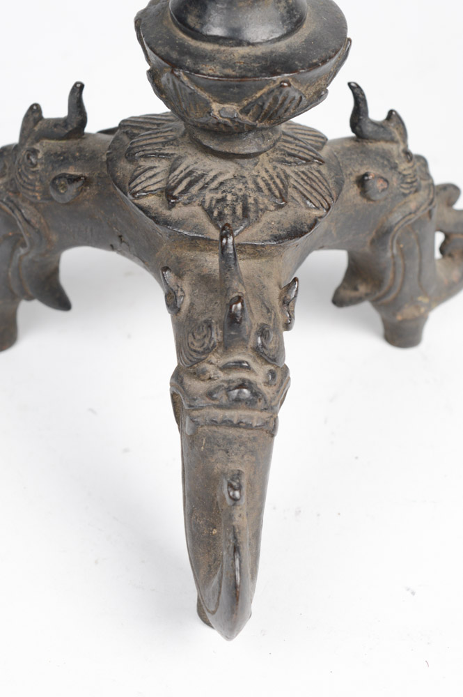 Pair of Antique Chinese Cast Metal Candlesticks