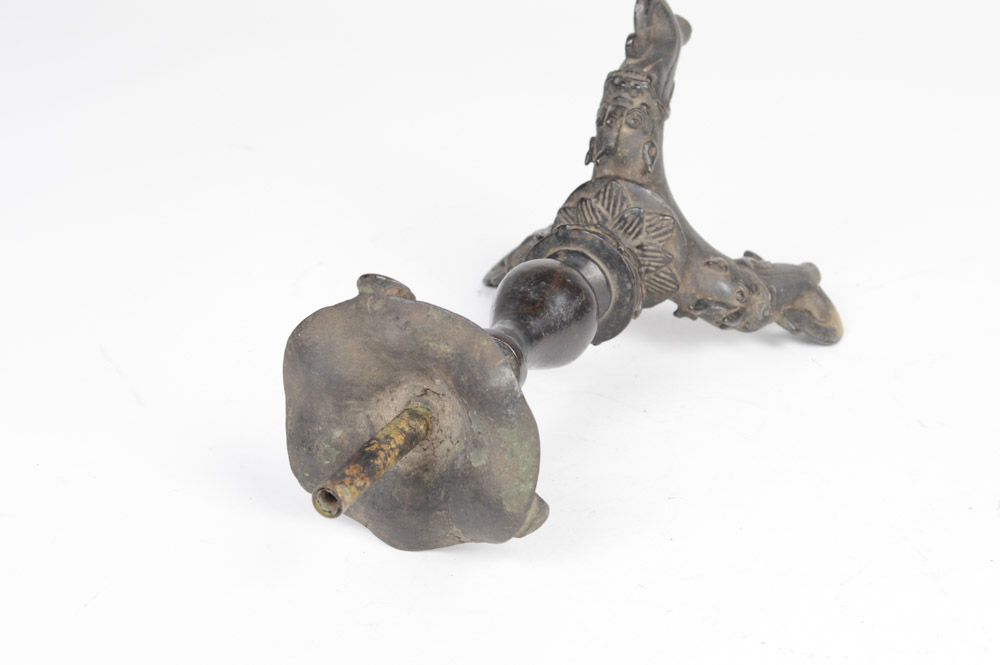 Pair of Antique Chinese Cast Metal Candlesticks