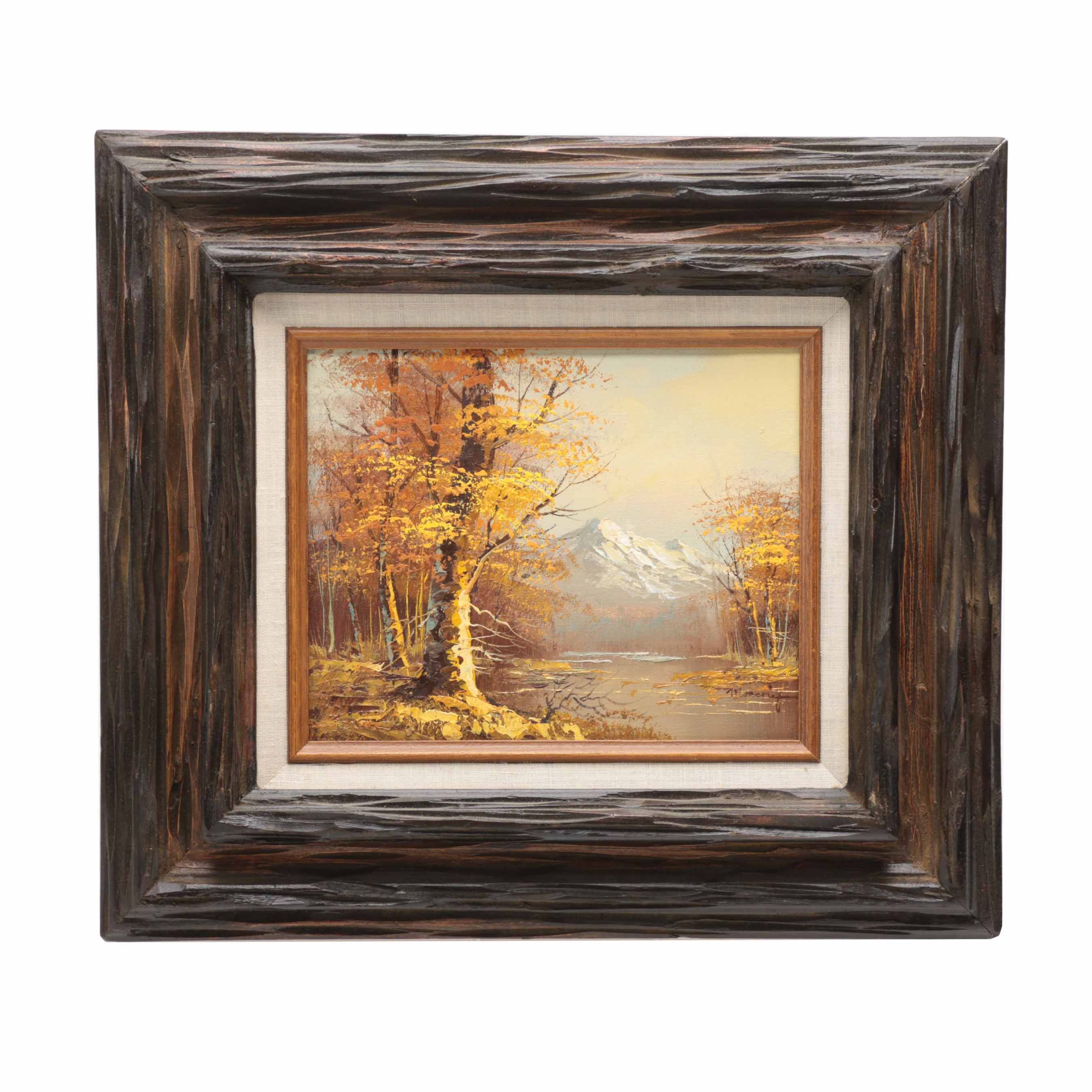 Mary Jane Moncrief Oil Painting on Canvas of a River Through an Autumn Landscape