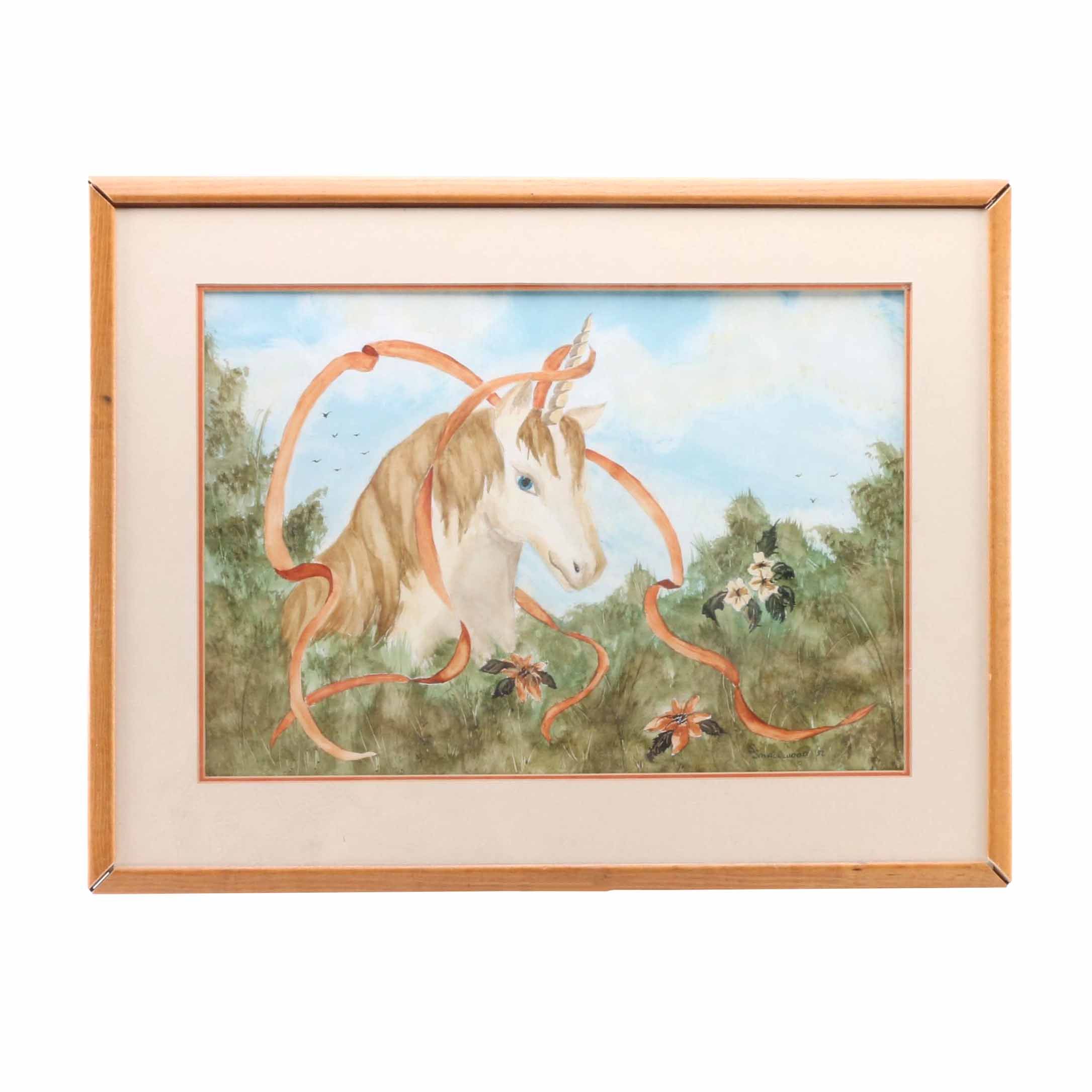 S. Smallwood Watercolor Painting on Paper of a Unicorn