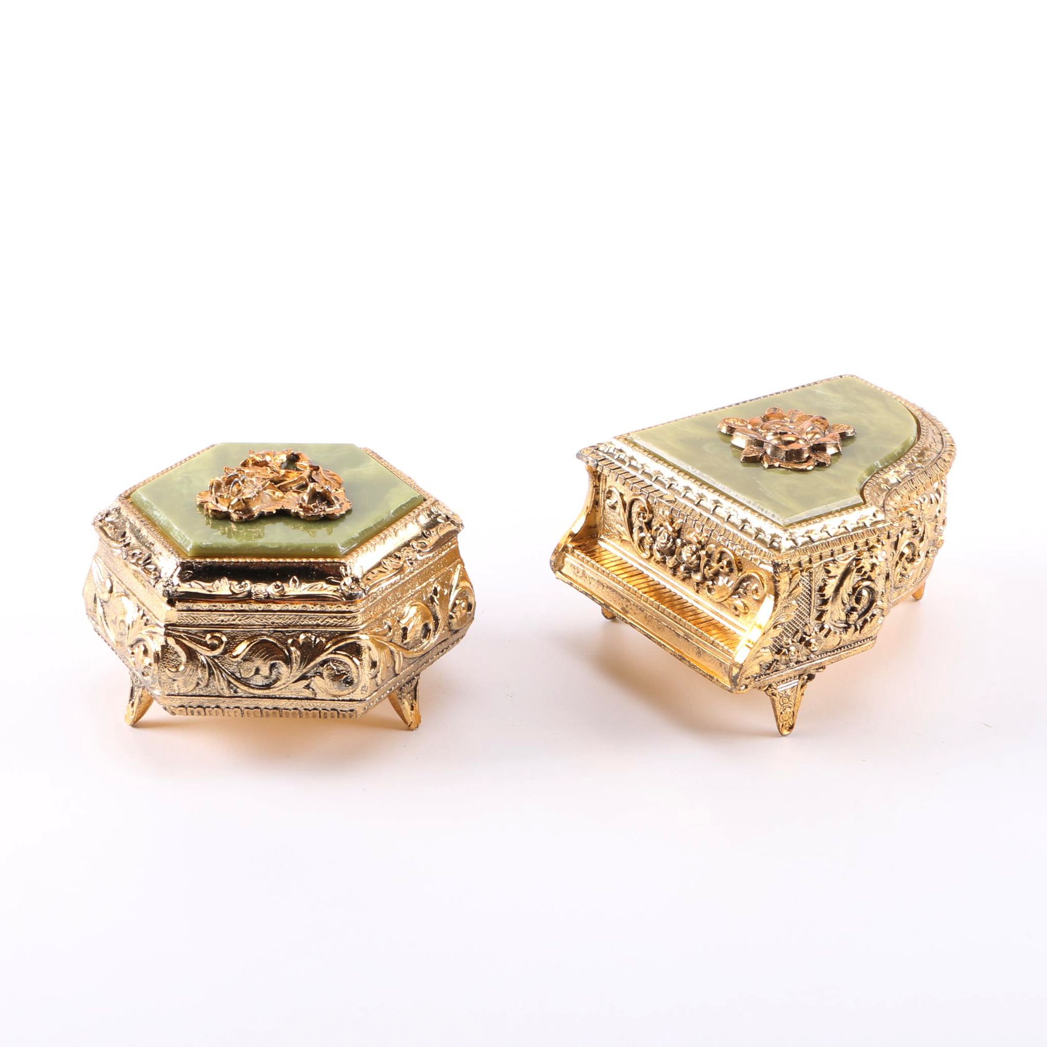 Two Gold Tone Musical Jewelry Boxes