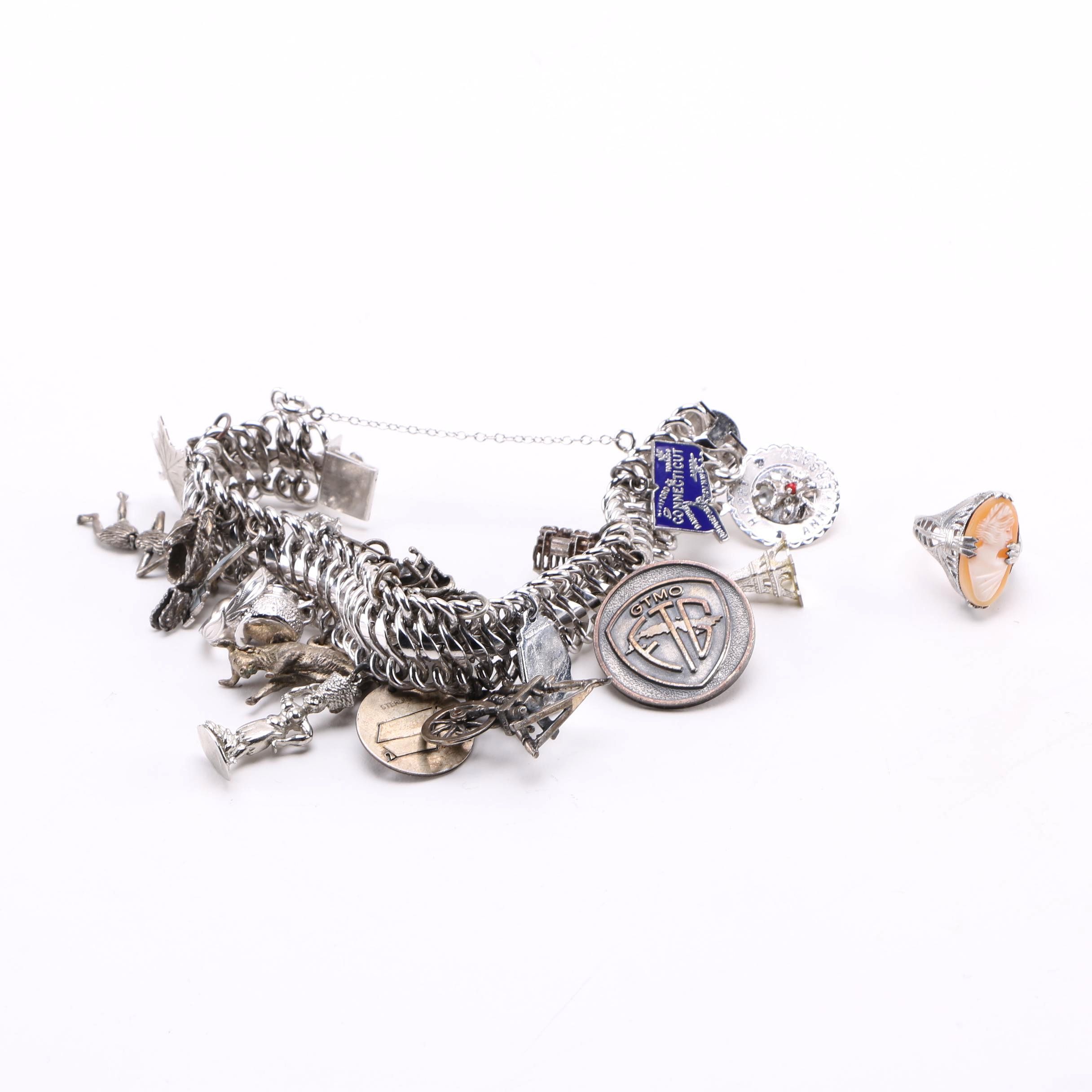 Elco Sterling Silver Charm Bracelet and Cameo Ring