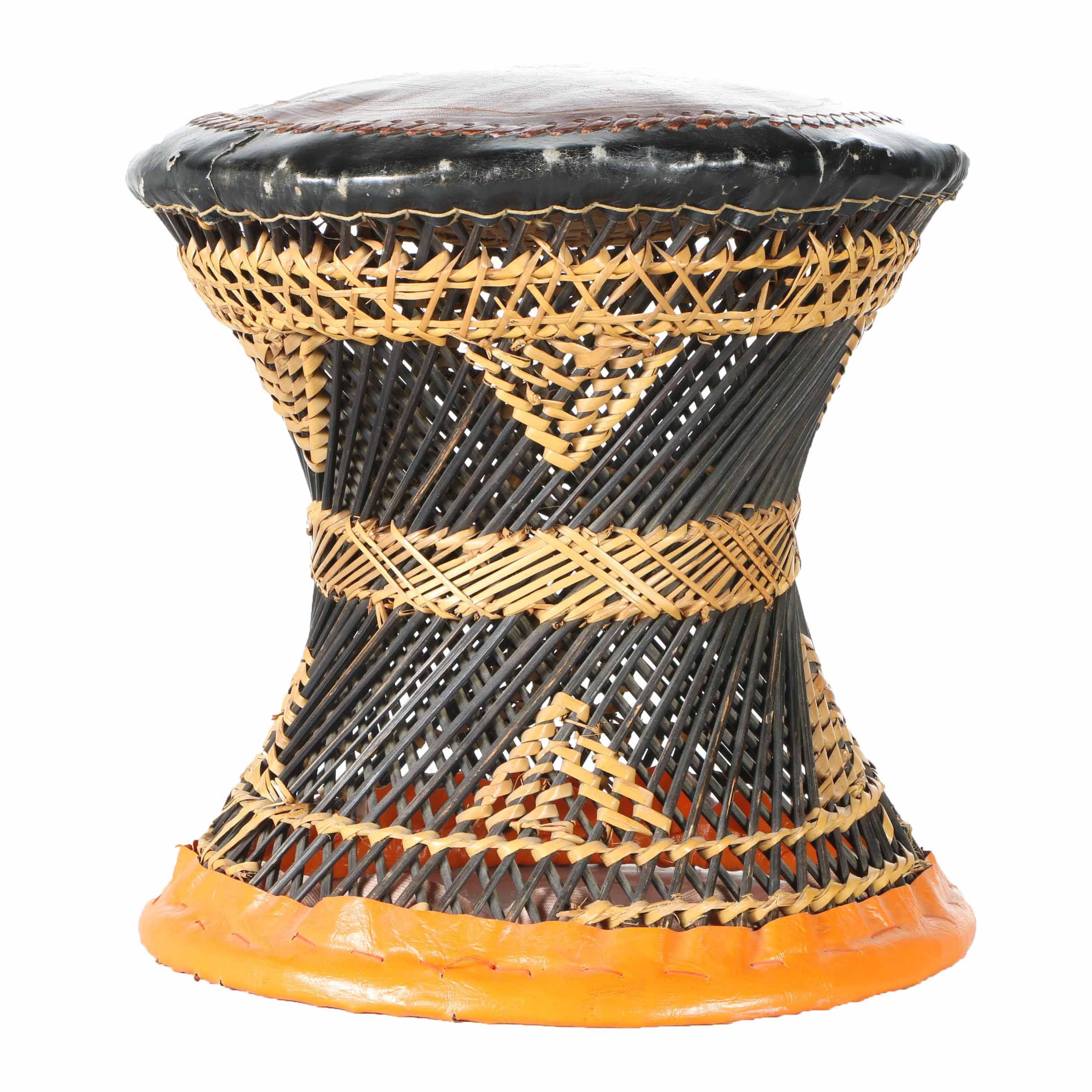 Wicker Hourglass-Shaped Footstool With Leather Top