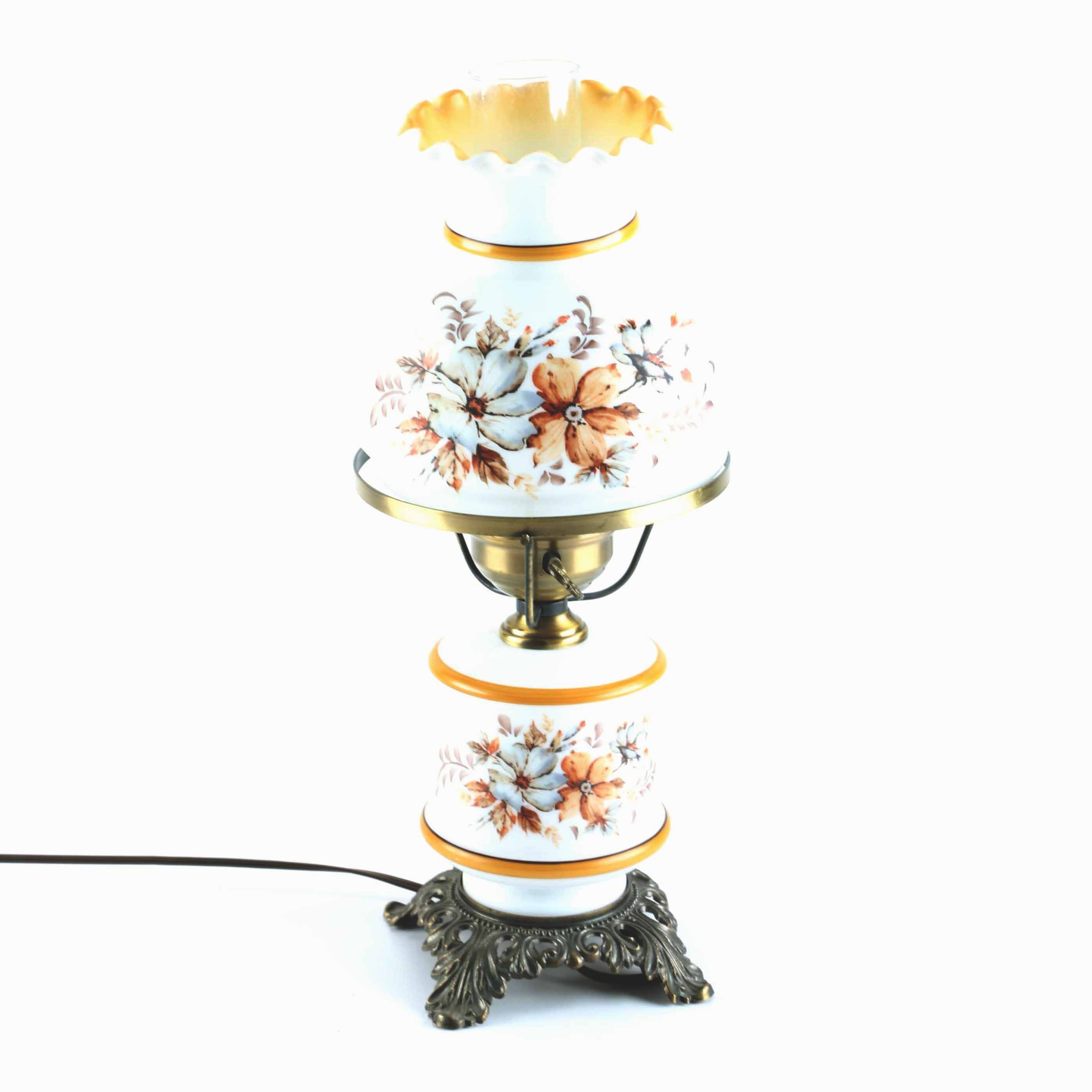 White Milk Glass Floral Print Lamp