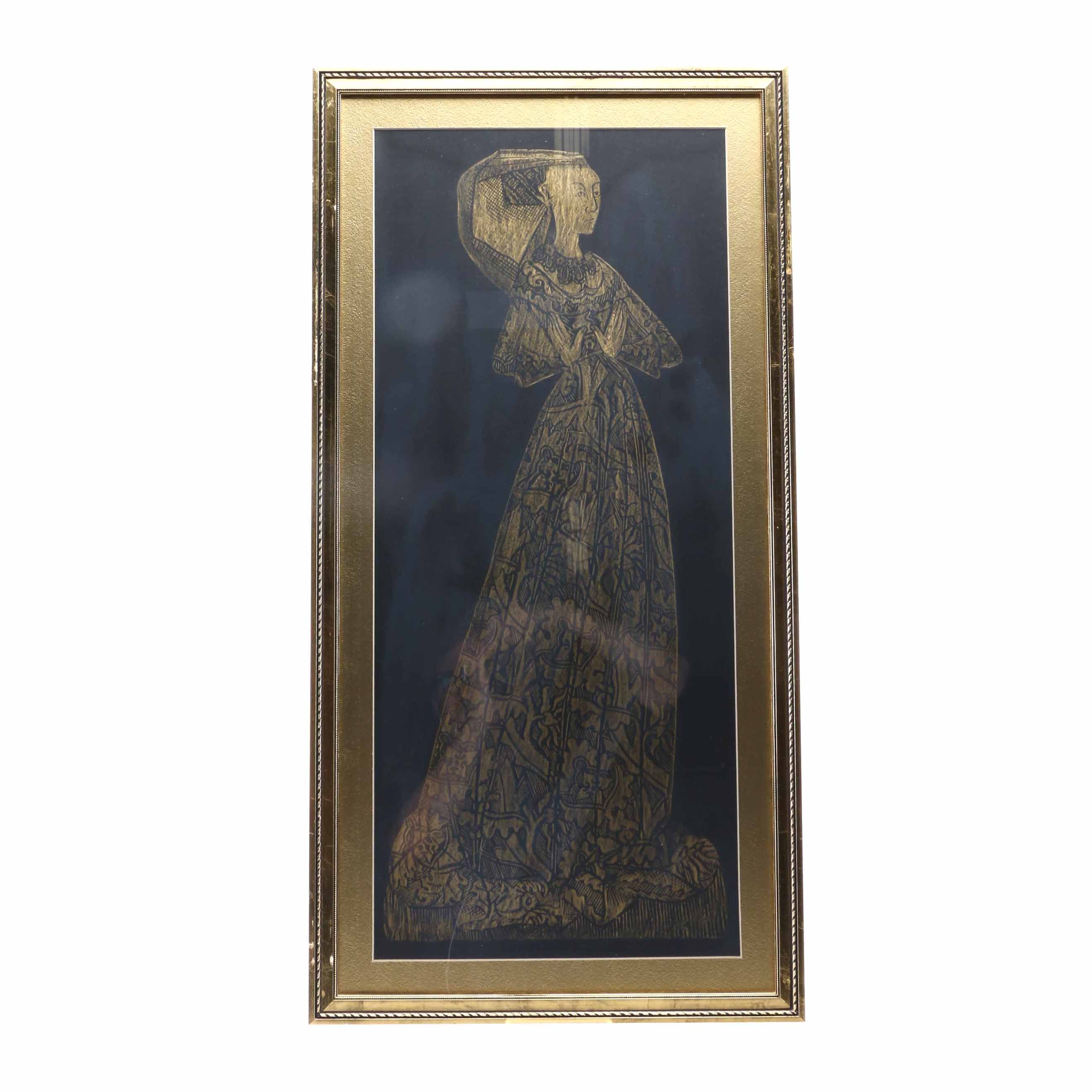 Brass-tone Rubbing on Black Paper "Lace Lady"