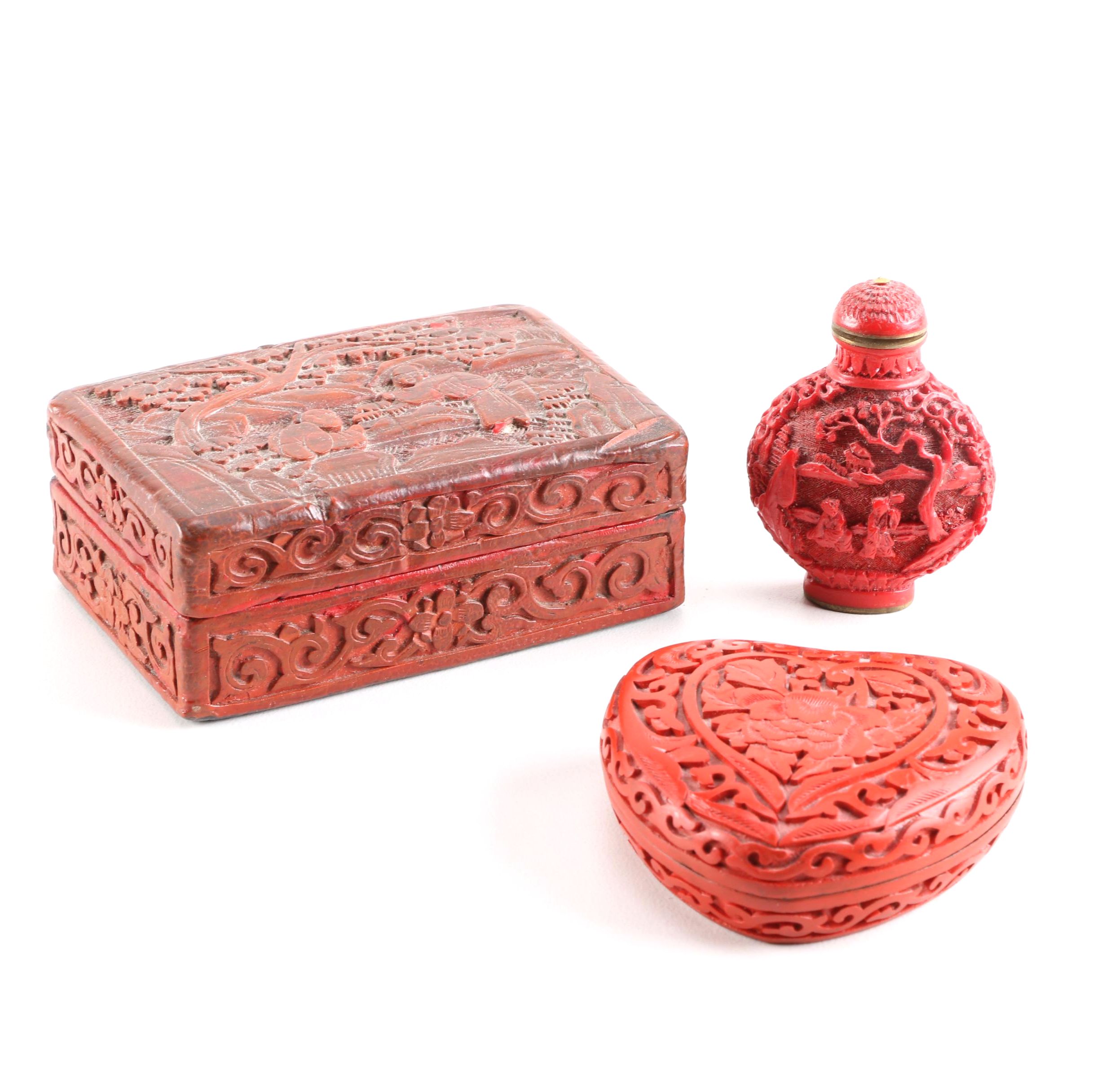 Three Chinese Cinnabar and Resin Decorative Pieces