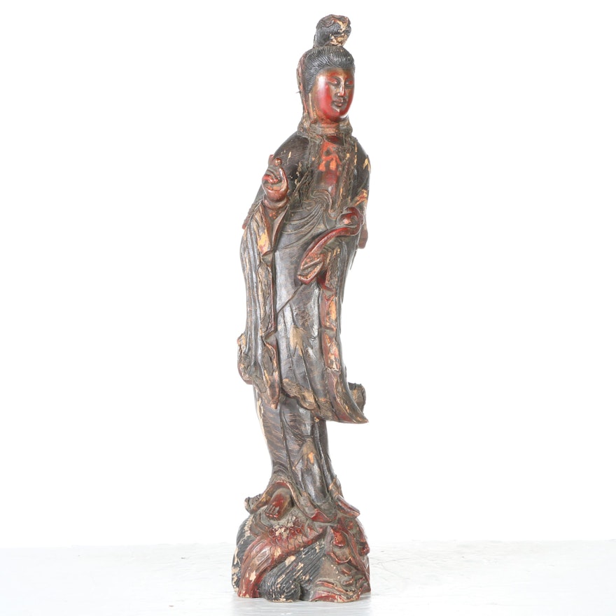 Antique Chinese Carved and Painted Wood Statue of Guanyin