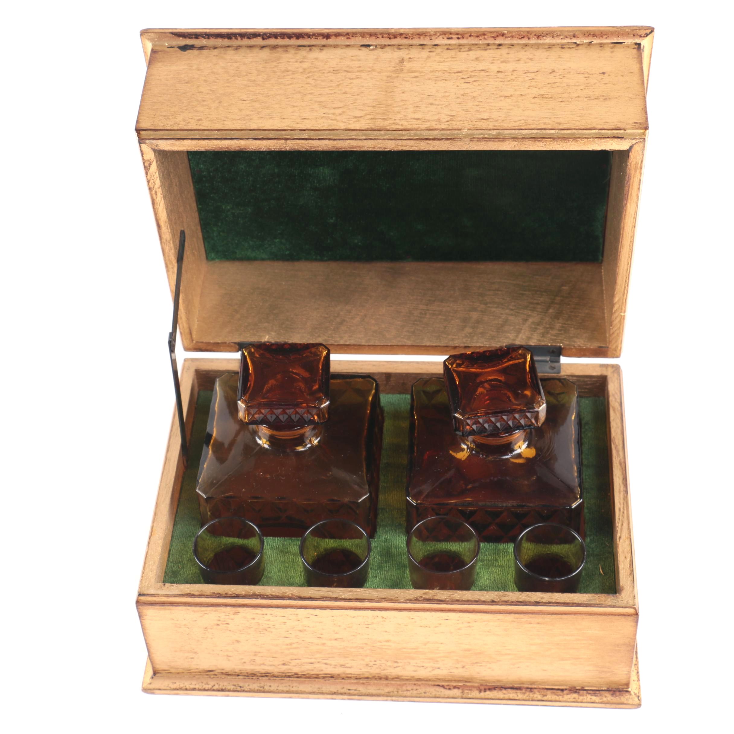 Amber Glass Decanter Set in Wooden Atlas Storage Box