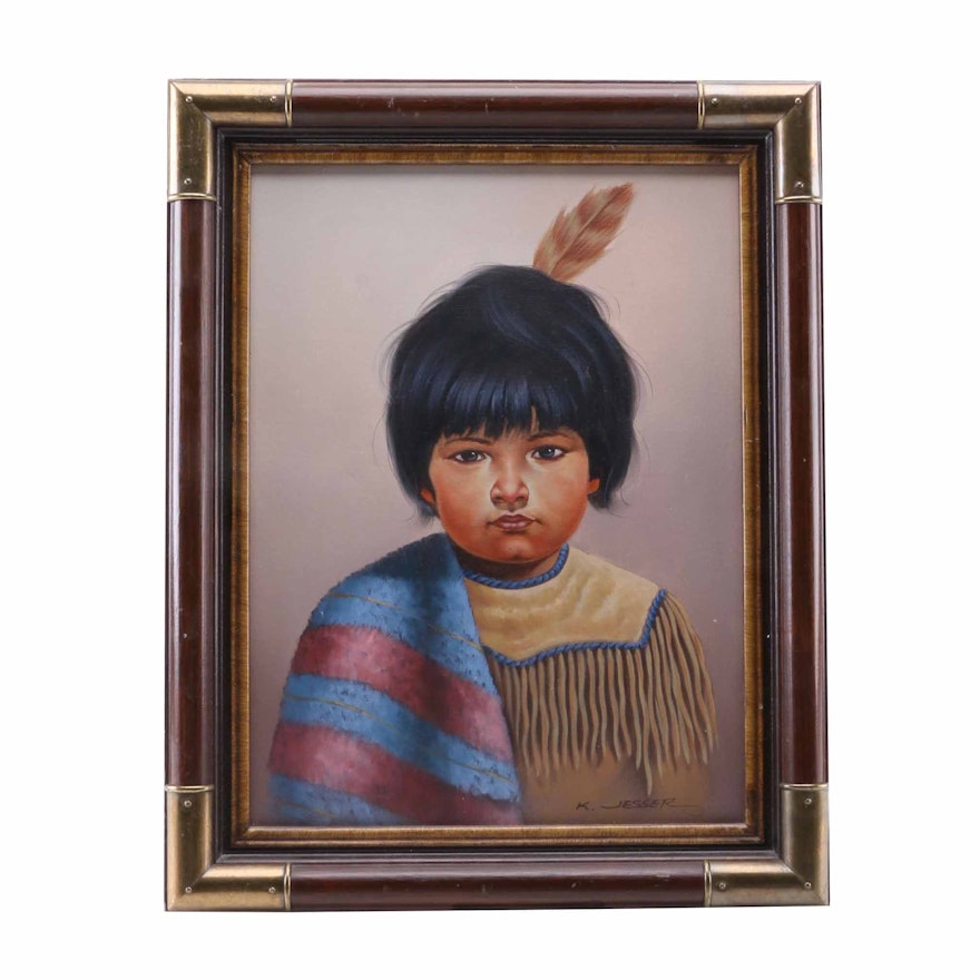 K. Jesser Oil Painting on Canvas of a Native American Child