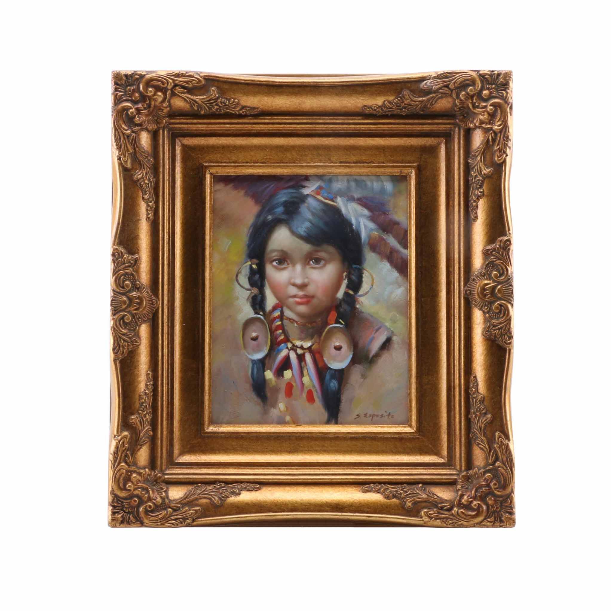 S. Esposito Oil on Canvas Portrait of Native American Girl